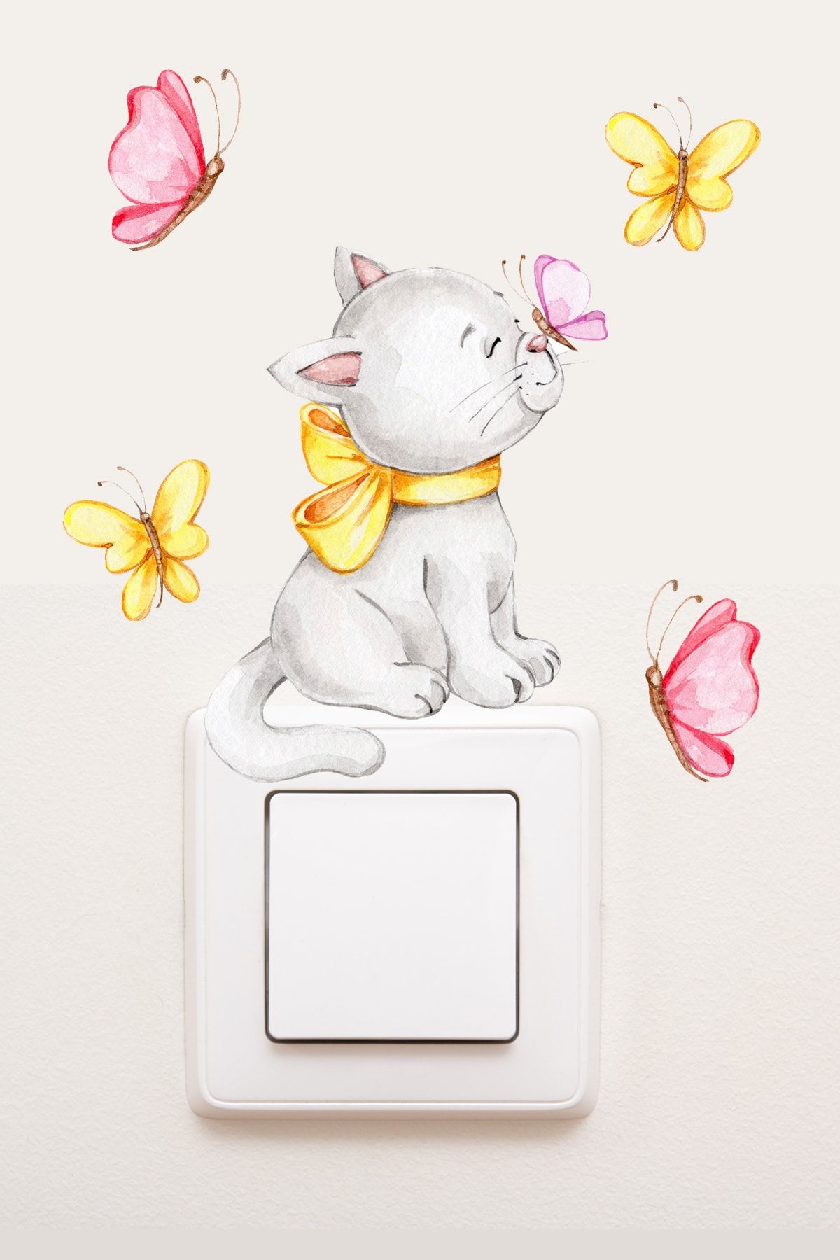 Sim Tasarım - Priz - Kurdelalı Kedi Ve Kelebekler Çocuk Odası Dekoratif Priz Sticker