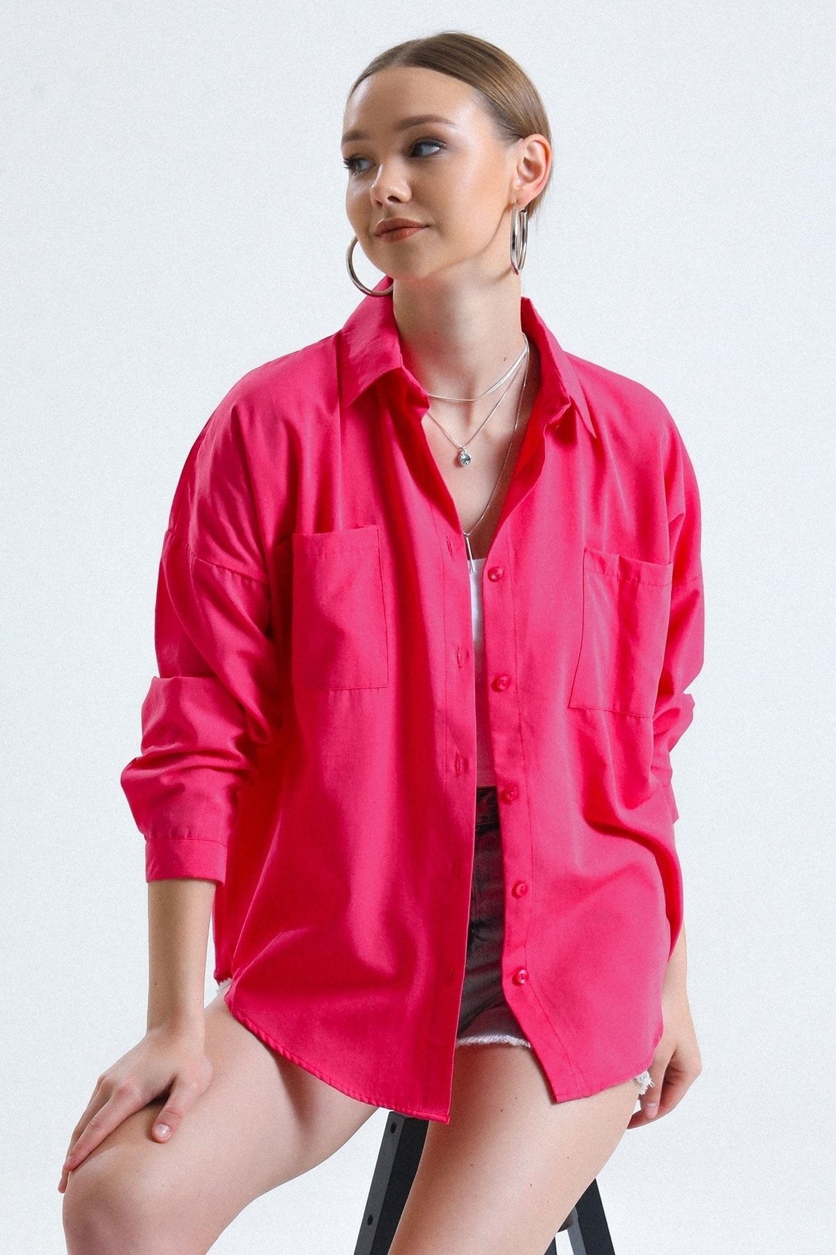 MD trend Kadın Fuşya Cepli Oversize Uzun Basic Poplin Gömlek