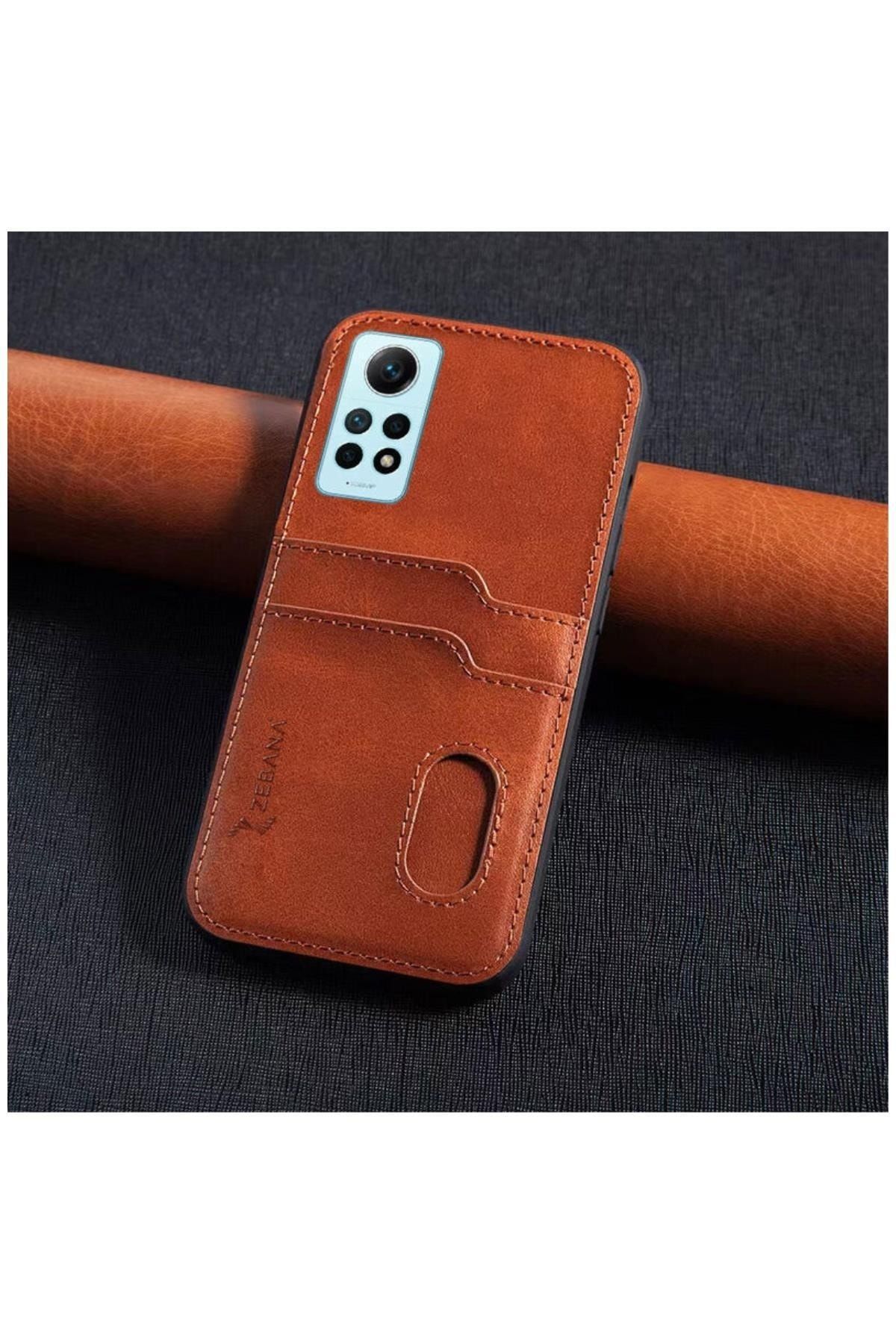 Zebana Xiaomi Redmi Note 12 Pro Uyumlu Kılıf Kartlıklı Lüx Deri Kılıf Kahverengi