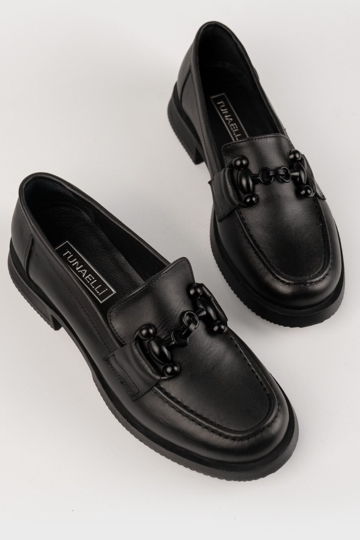 TUNAELLİ Kadın Siyah Hakiki Doğal Deri Tokalı Loafer Ayakkabı