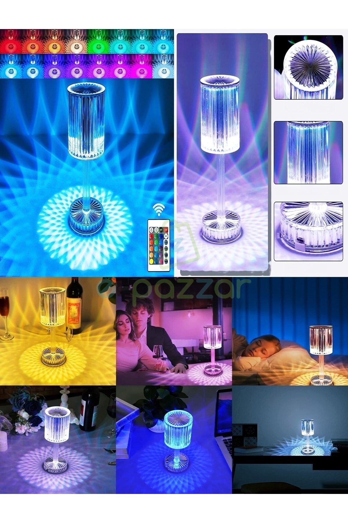 epazzar 16 Renk 4 Mod Diamond Aydınlatma Masa Lambası Yuvarlak Abajur Dokunmatik & Kumandalı Usb Şarjlı