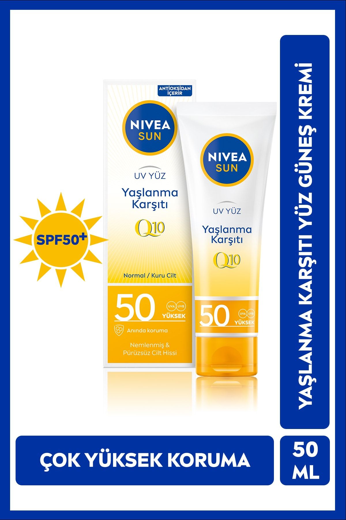 Nivea Sun SPF50+ Yaşlanma & Leke Karşıtı Q10 Yüz Güneş Kremi 50 ml, Çok Y