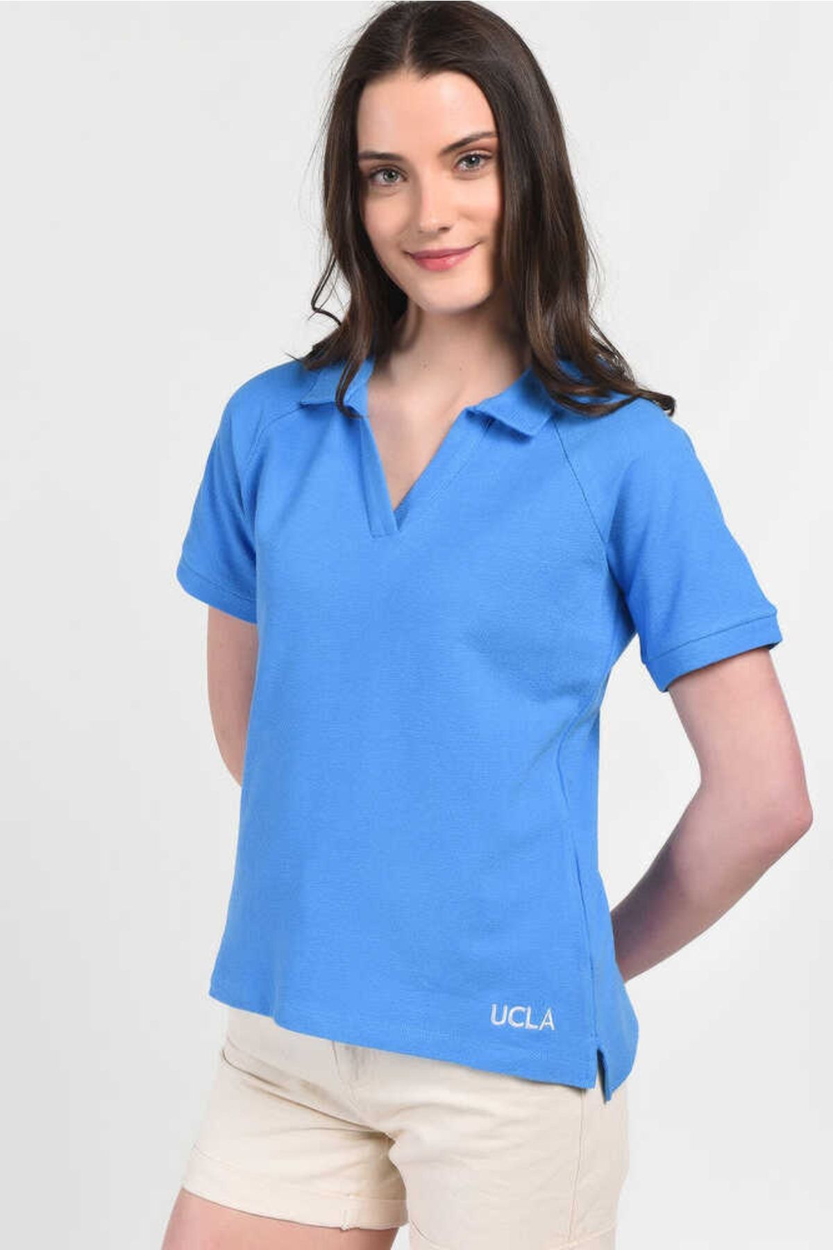 Ucla Melrose Mavi Polo Yaka Nakışlı Kadın Tshirt