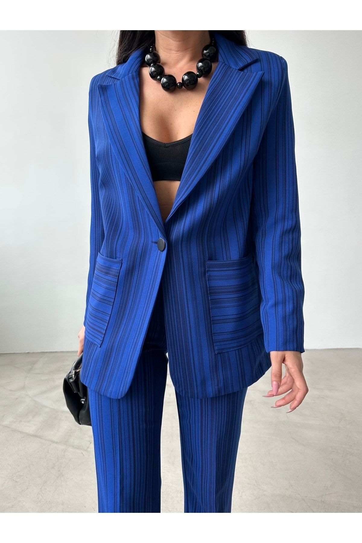 Rmz Style Saks Mavi Çizgili Cepli Blazer Ceket Palazzo Takım