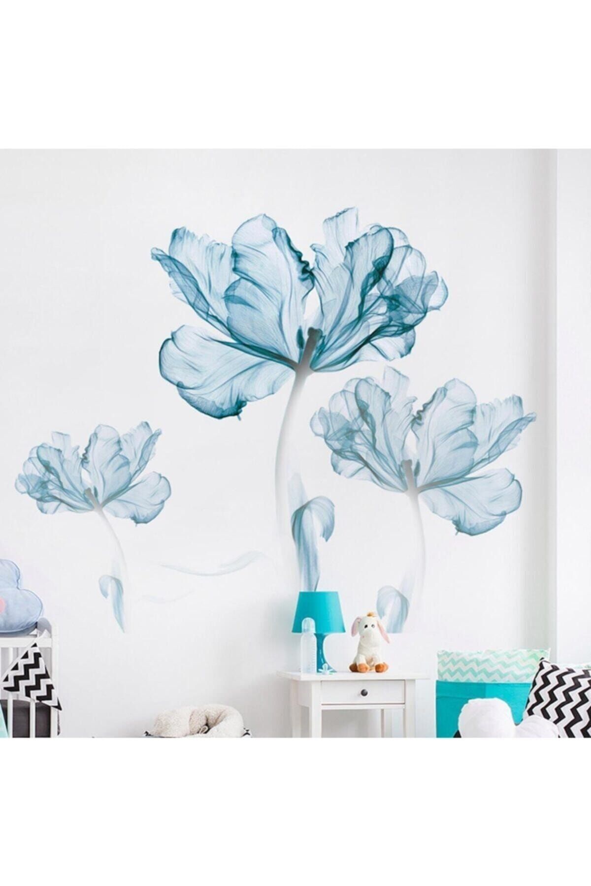 Sim Tasarım Mavi Çiçek Soft Renk Duvar Sticker
