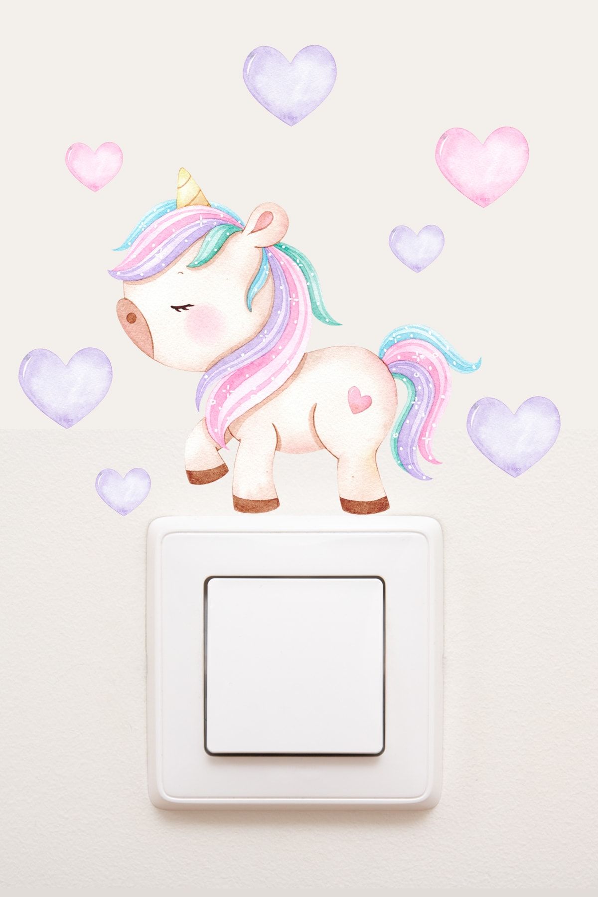 Sim Tasarım - Priz - Kalpli Pastel Unicorn Ve Kalpler Dekoratif Priz Sticker - Sim755