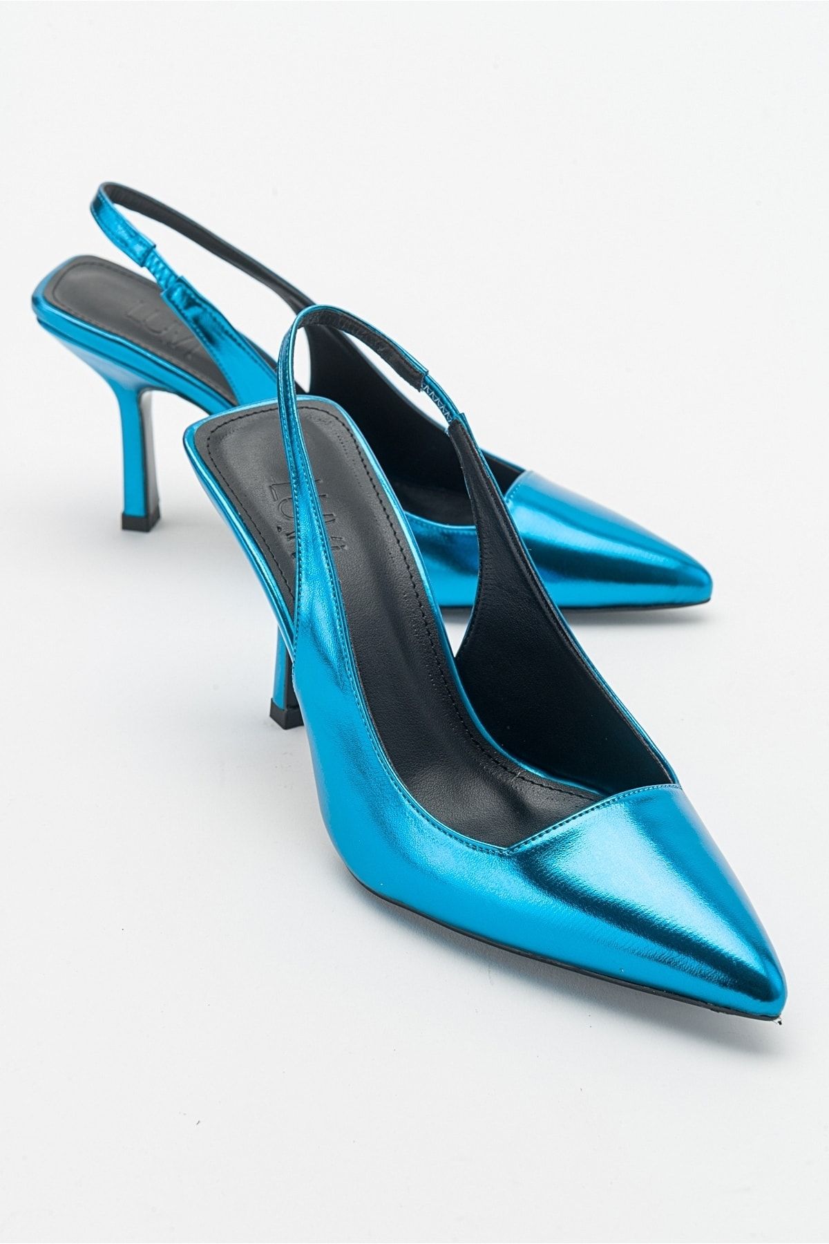 luvishoes Ferry Mavi Metalik Kadın Topuklu Ayakkabı