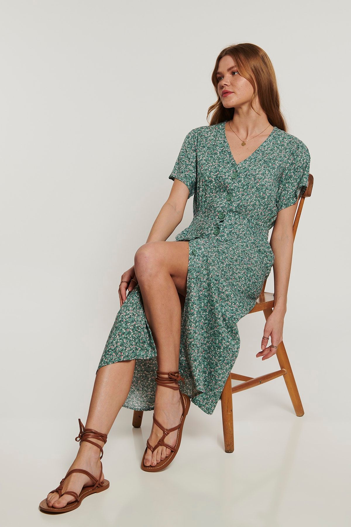 Lyn Devon Fancy Çiçekli Elbise - Yeşil