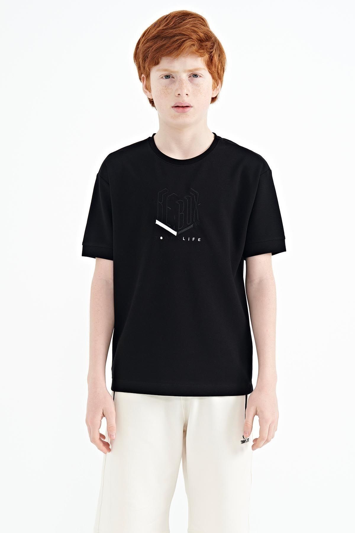 TOMMY LIFE Siyah Yazı Nakışlı O Yaka Oversize Erkek Çocuk T-shirt - 11151