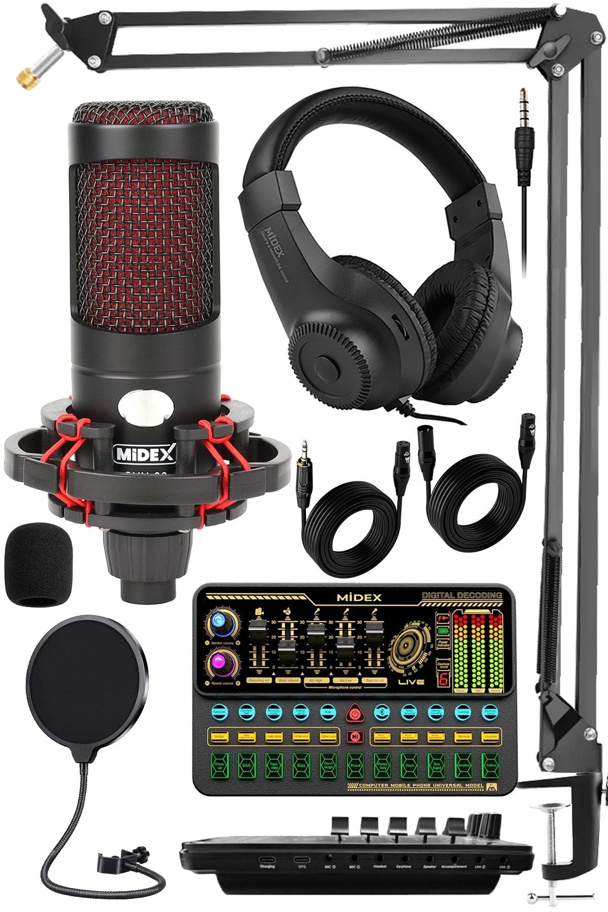Midex Cxn-30 Paket-11 Vs11 Ses Kartlı Condenser Mikrofon Stand Kulaklık Seti