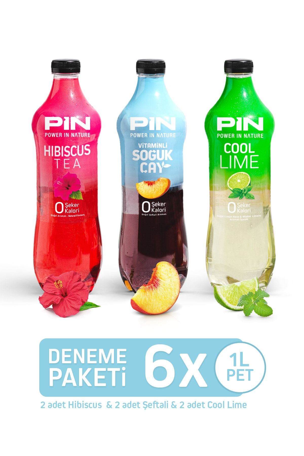 Pin Hibiskus& Cool Lime & Şeftali Soğuk Çay Deneme Paketi Şekersiz & Kalorisiz 6 Adet X 1 Litre