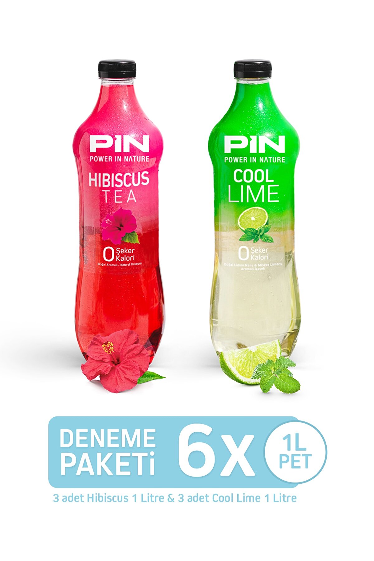 Pin Hibiskus Çayı & Cool Lime Deneme Paketi - Şekersiz & Kalorisiz 6 Adet X 1 Litre