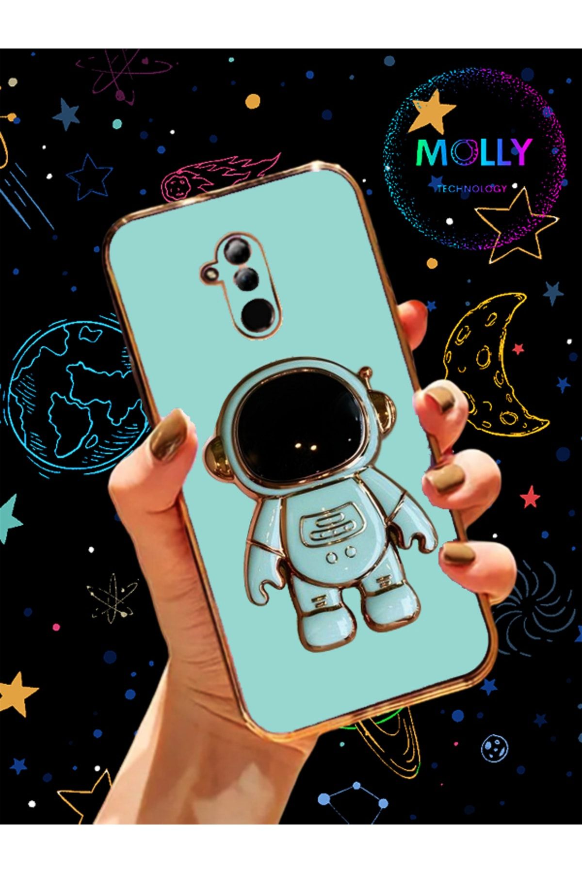 Molly Technology Huawei Mate 20 Lite Için Su Yeşili Astronot Standlı Kenarları Gold Detaylı Lüks Silikon Kılıf