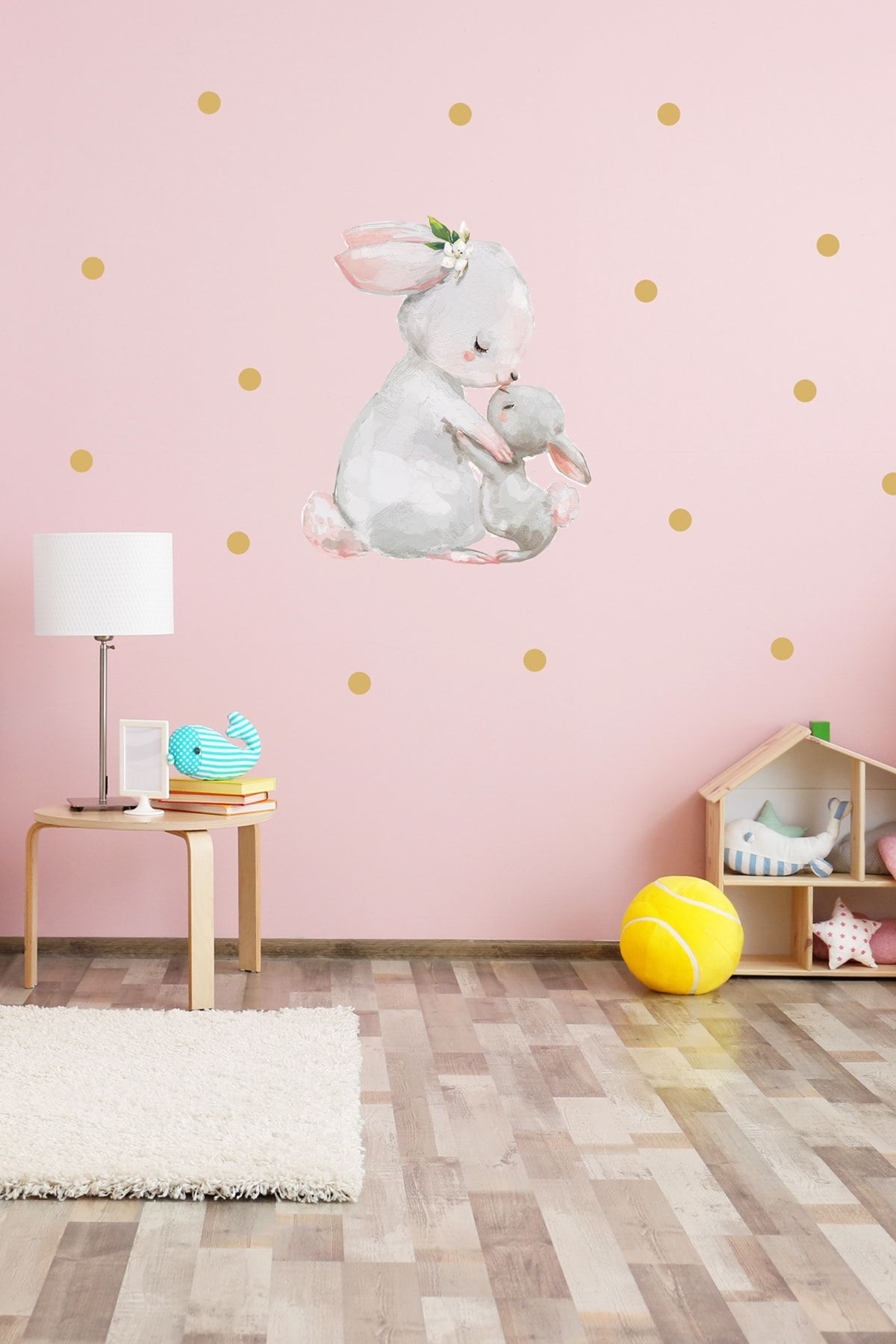 Sim Tasarım Annesi Yavrusu Tavşanlar Puantiyeli Duvar Sticker Seti