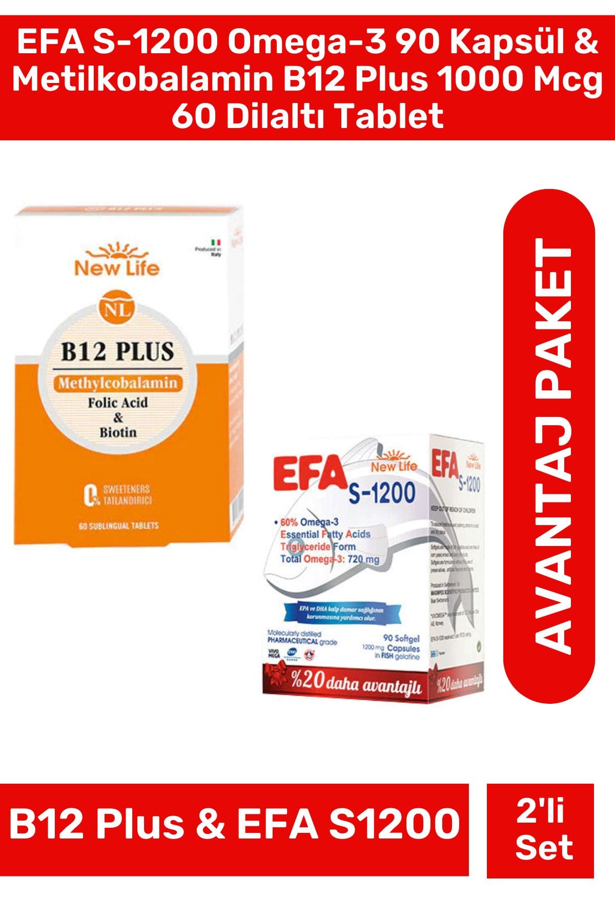 New Life Efa S-1200 Omega-3 90 Kapsül & Metilkobalamin B12 Plus 1000 Mcg 60 Dilaltı Tablet