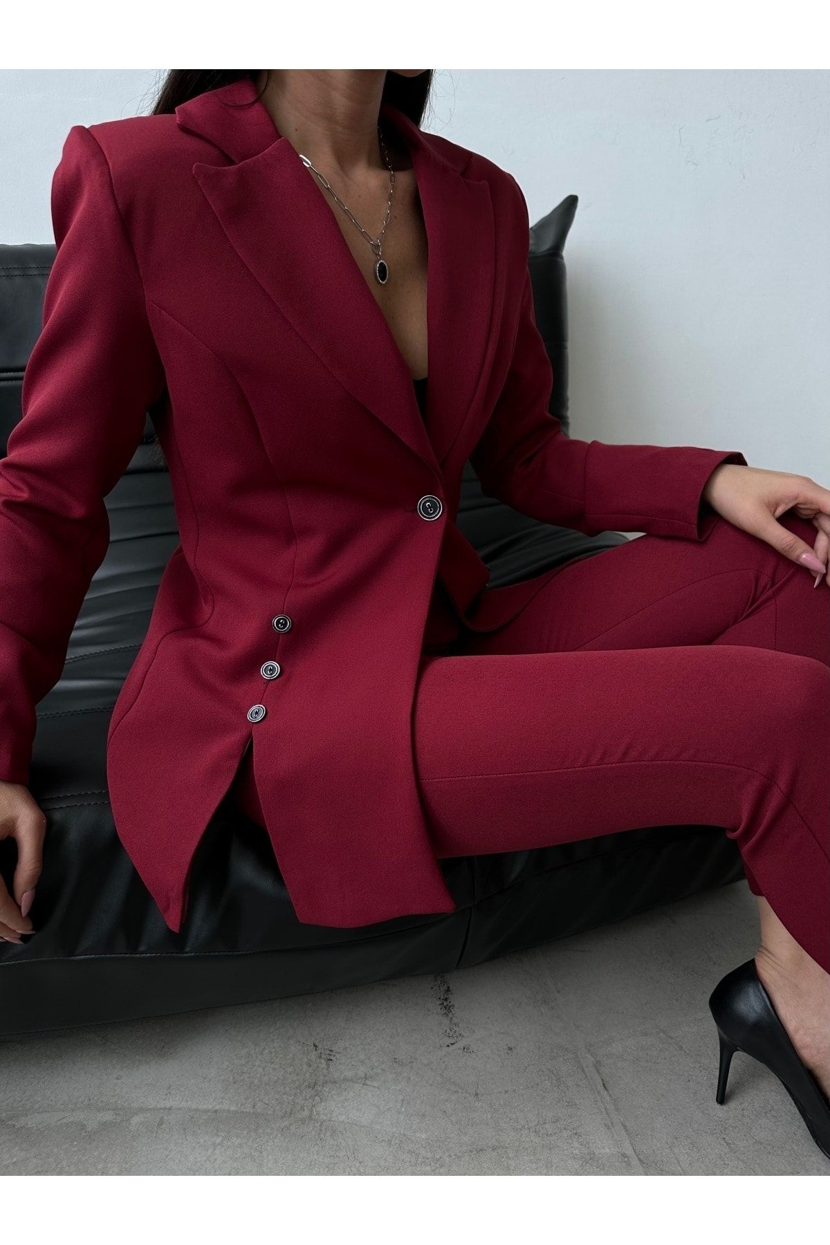 Lady Suits Düğmeli Astarlı Blazer Ceket Boru Paça Esnek Pantolon Takım Elbise