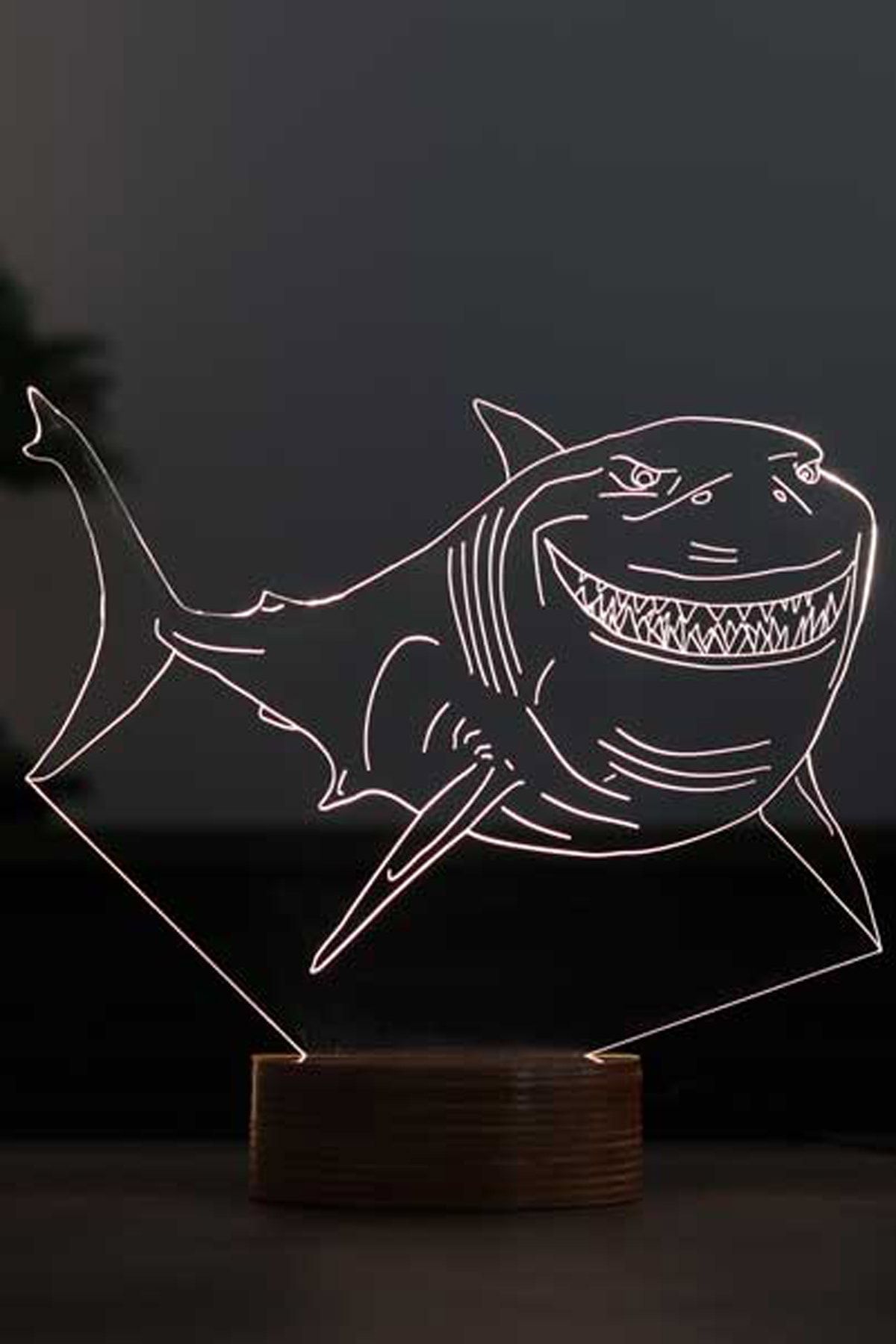 BY-LAMP Köpek Balığı Figürlü Led Masa Lambası | 7 Işık Rengi | Ahşap Taban