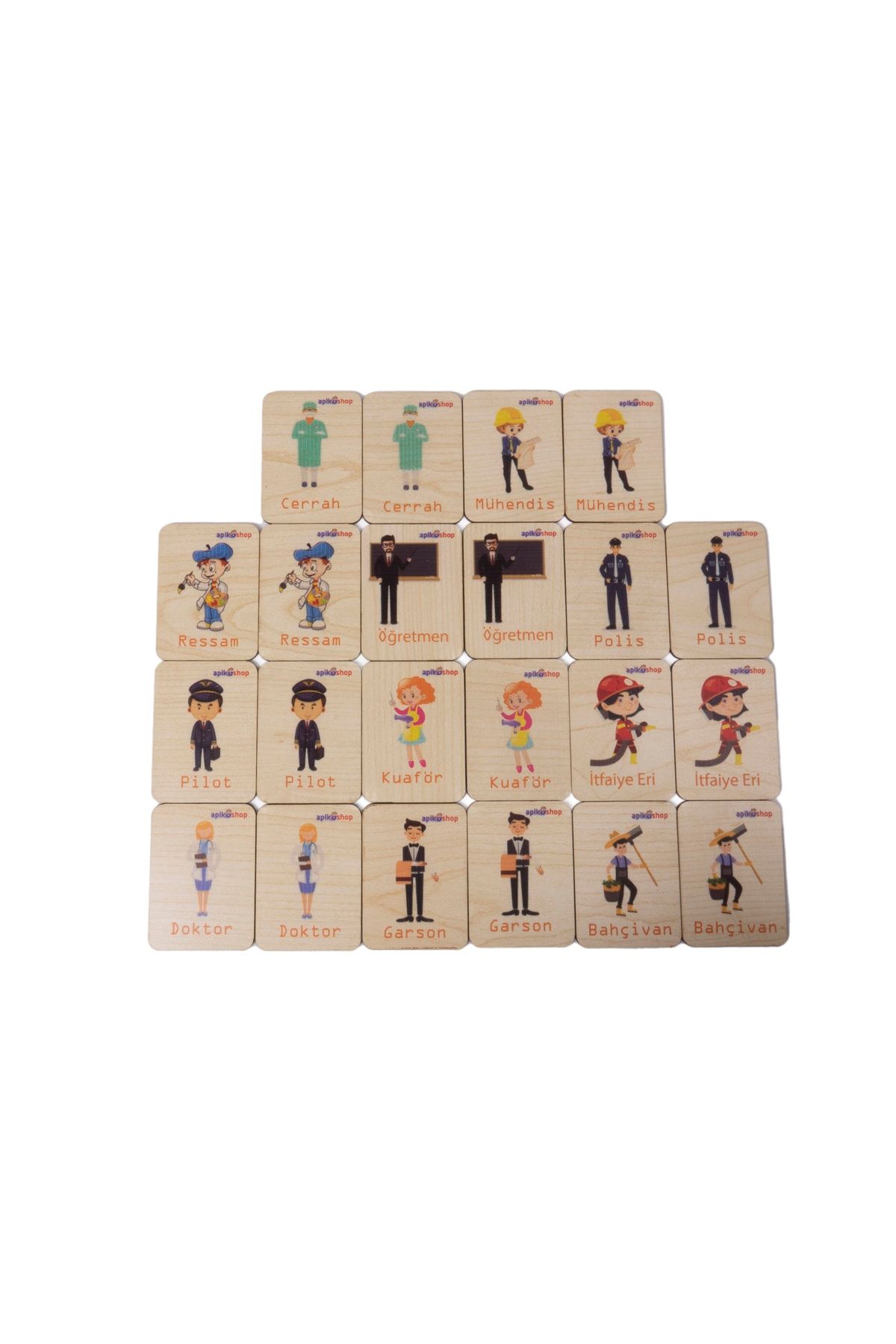 Apiko Shop Montessori Eğitici Ahşap Hafıza Oyunu, Eşleştirme Ahşap Zeka Kartları (meslekler)