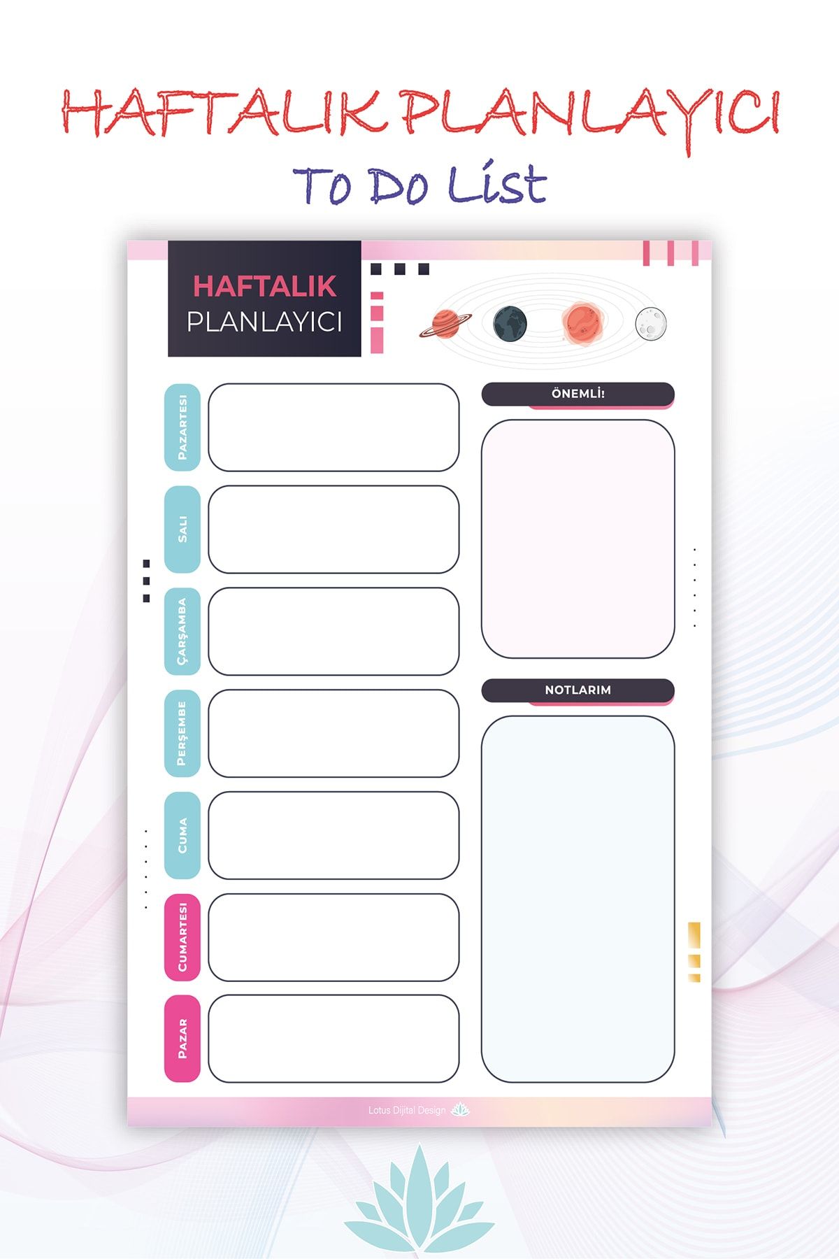 Lotus Haftalık Yapılacaklar, To Do List, Günlük Yapılacaklar, Defter, Planlayıcı, Bloknot, Hatırlatıcı, A5