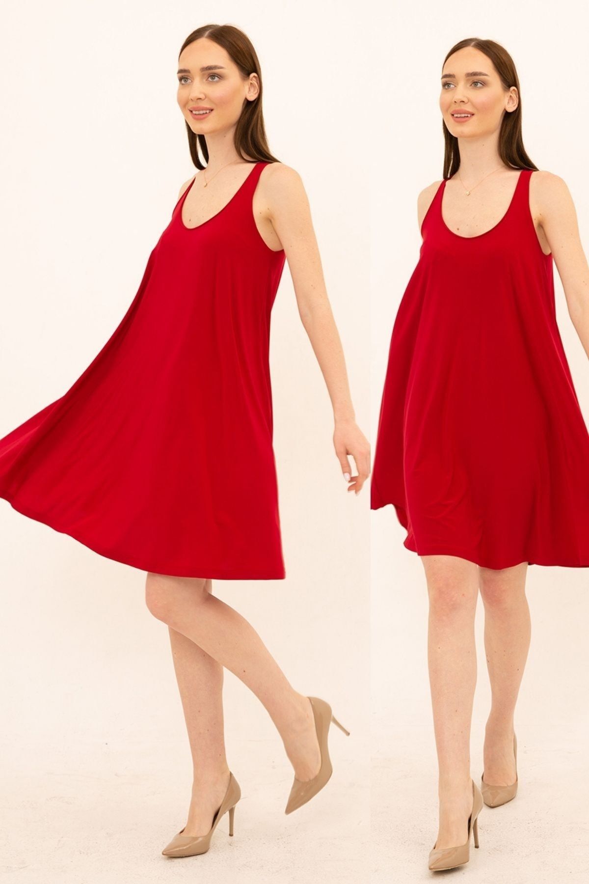 Laranor Kırmızı U Yaka Rahat Kesim Elbise