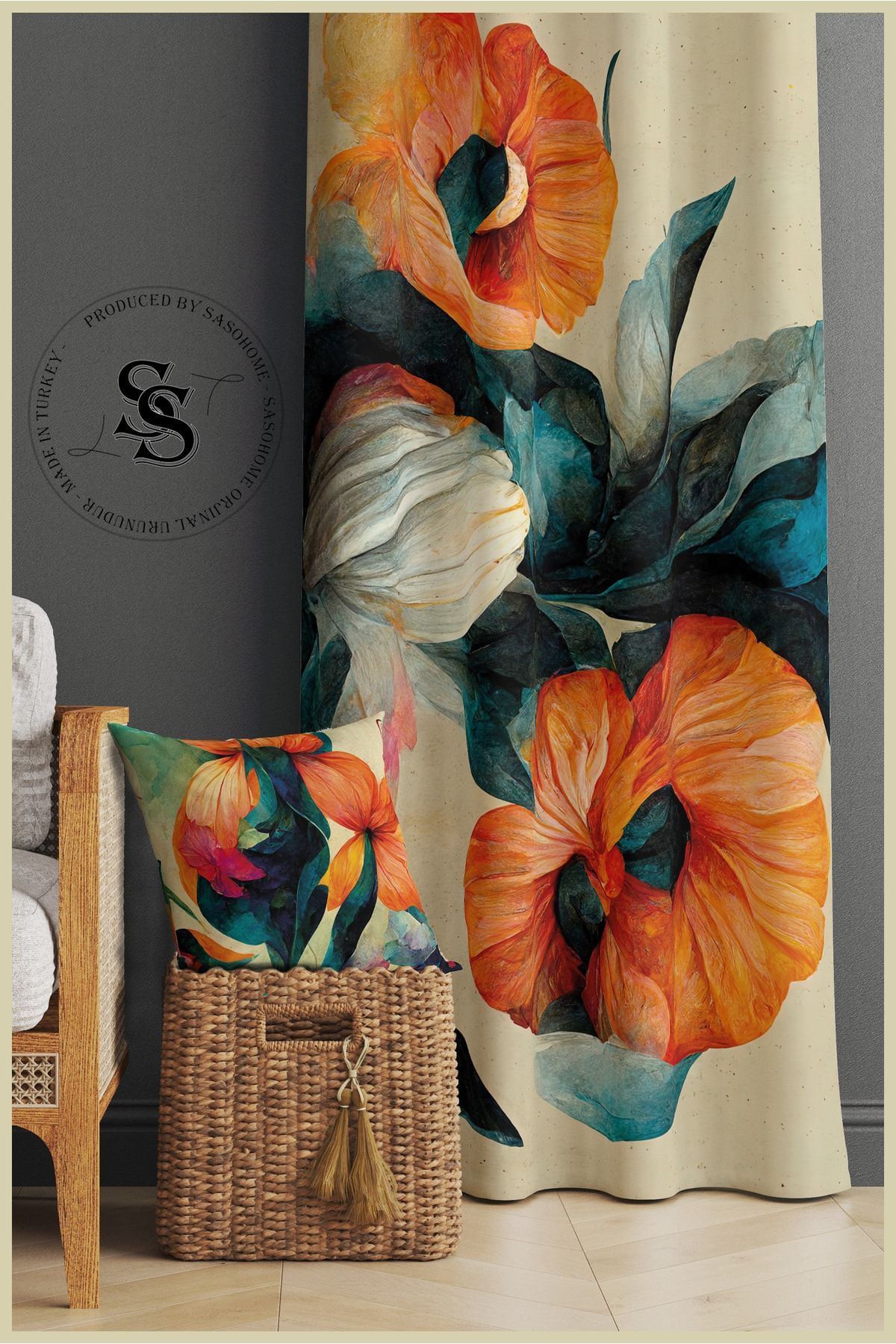 SasoHome Modern Tablo Turuncu Çiçekler Desenli Kadife 140 X 270 Cm Kaliteli - Dijital Baskılı Fon Perde