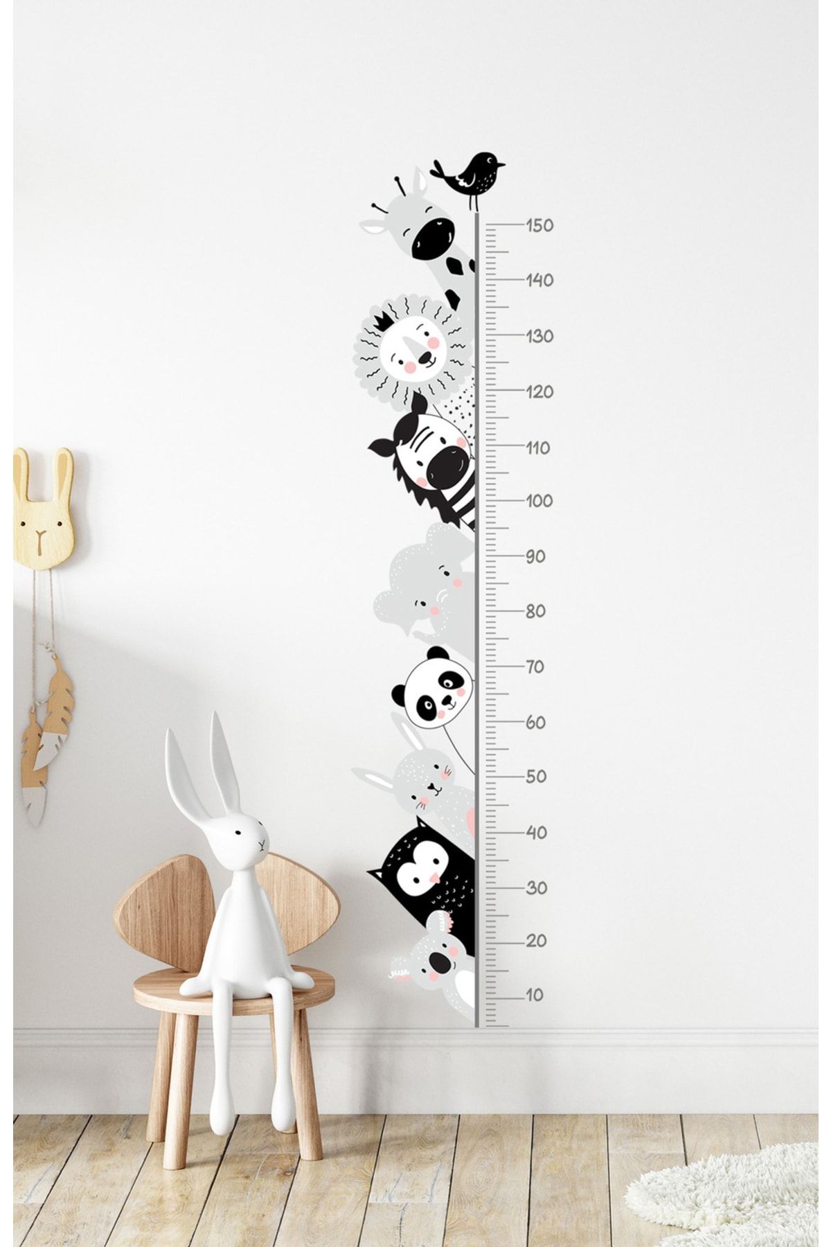 Sim Tasarım - Sim112 - Siyah Beyaz Hayvanlar Boy Ölçer Duvar Sticker Siyah