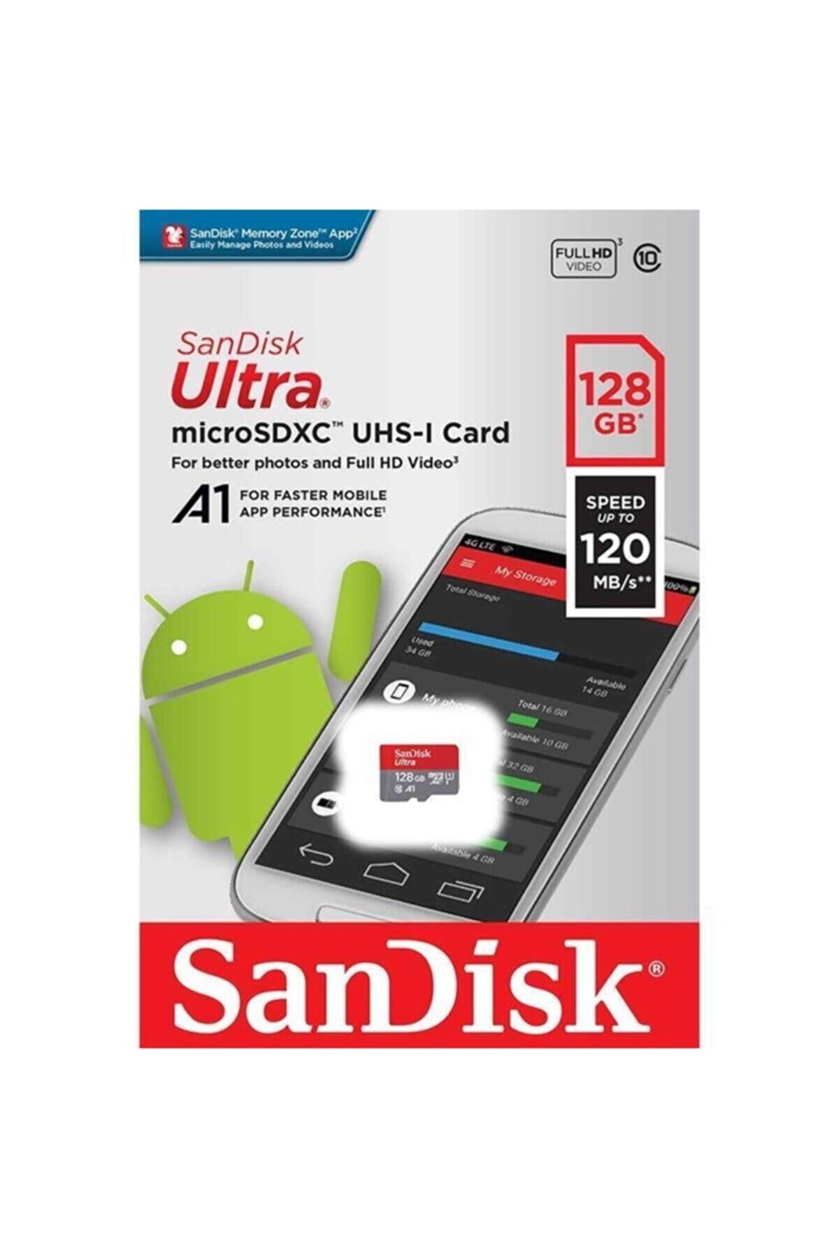 Sandisk Ultra® 128GB 120MB/s microSDHC A1 Class 10 UHS-I Hafıza Kartı (SDSQUA4-128G-GN6MN)