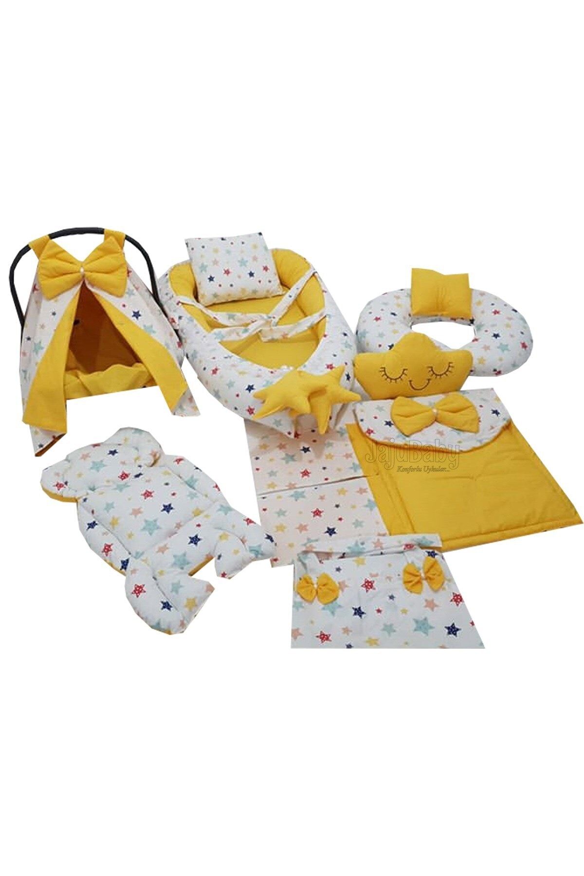 Jaju Baby Nest Renkli Yıldız Sarı Tasarım 9 Parça Jaju-babynest Anne Yanı Bebek Yatağı Set