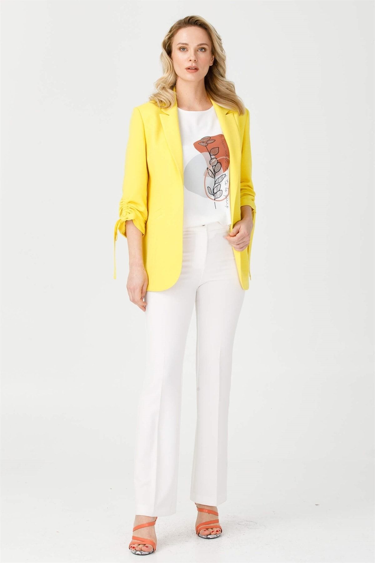 Moda İlgi Kadın Sarı Mono Yaka Kolu Bağcıklı Ceket