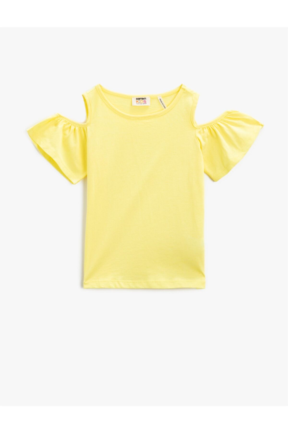 Koton Kız Çocuk Sarı Bisiklet Yaka T-Shirt Omuz Detaylı Pamuklu Sarı