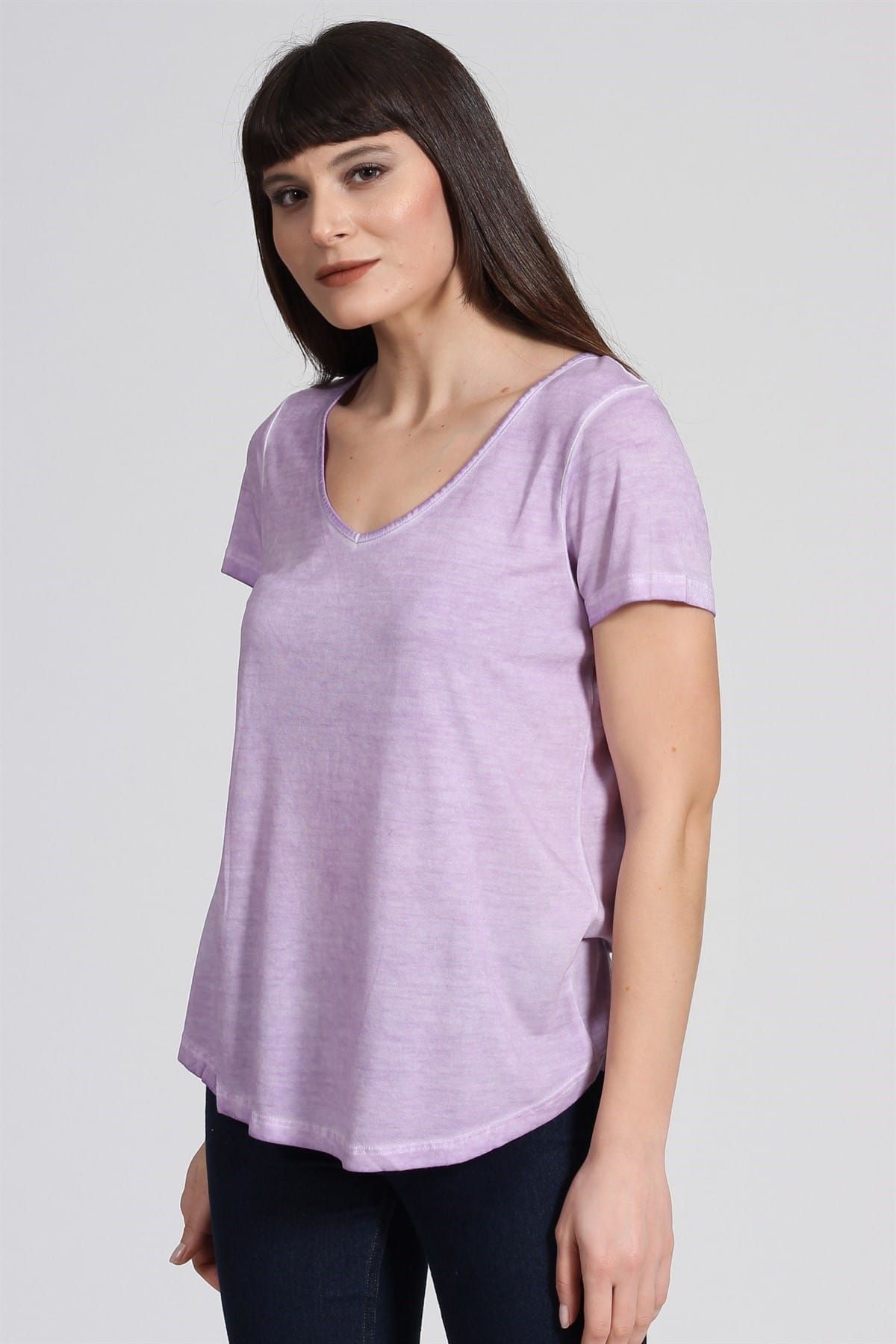 Seamoda Kadın Sırt Kısmı Dantelli Yağ Yıkama Tshirt-Lila PRA-236841-158716