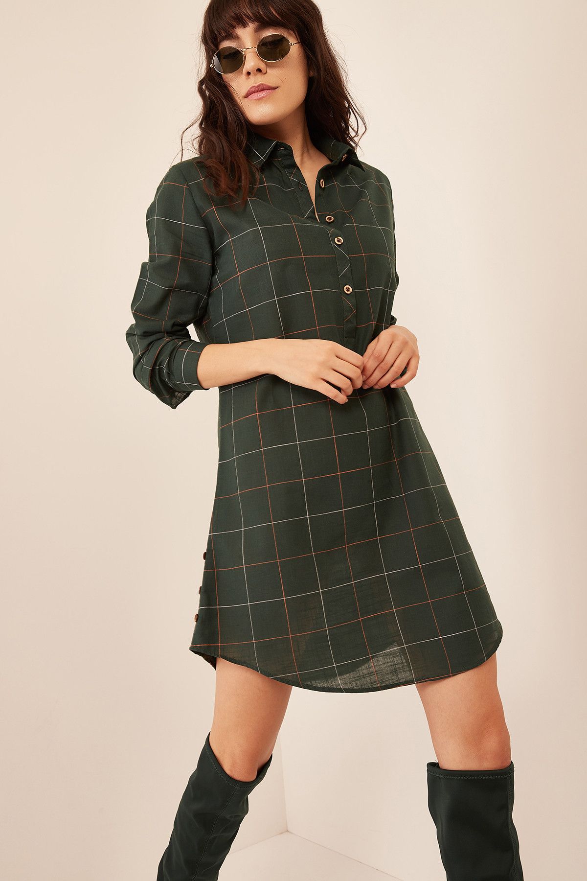Olalook Kadın Yeşil Gömlek Yakalı Düğme Detaylı İnce Ekose Elbise ELB-19000140