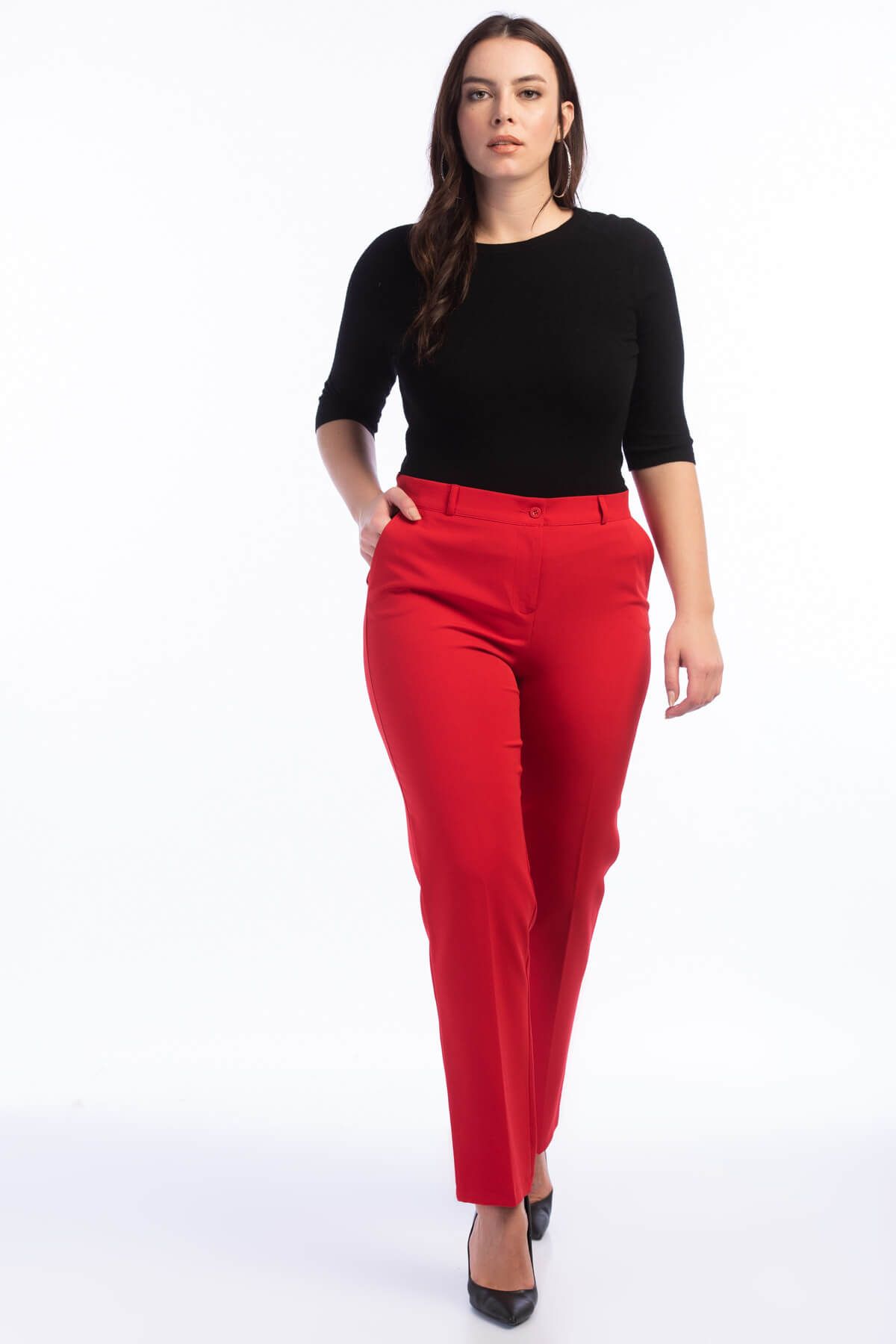 Curvy Kadın Kırmızı Cepli Kumaş Pantolon YSF6002