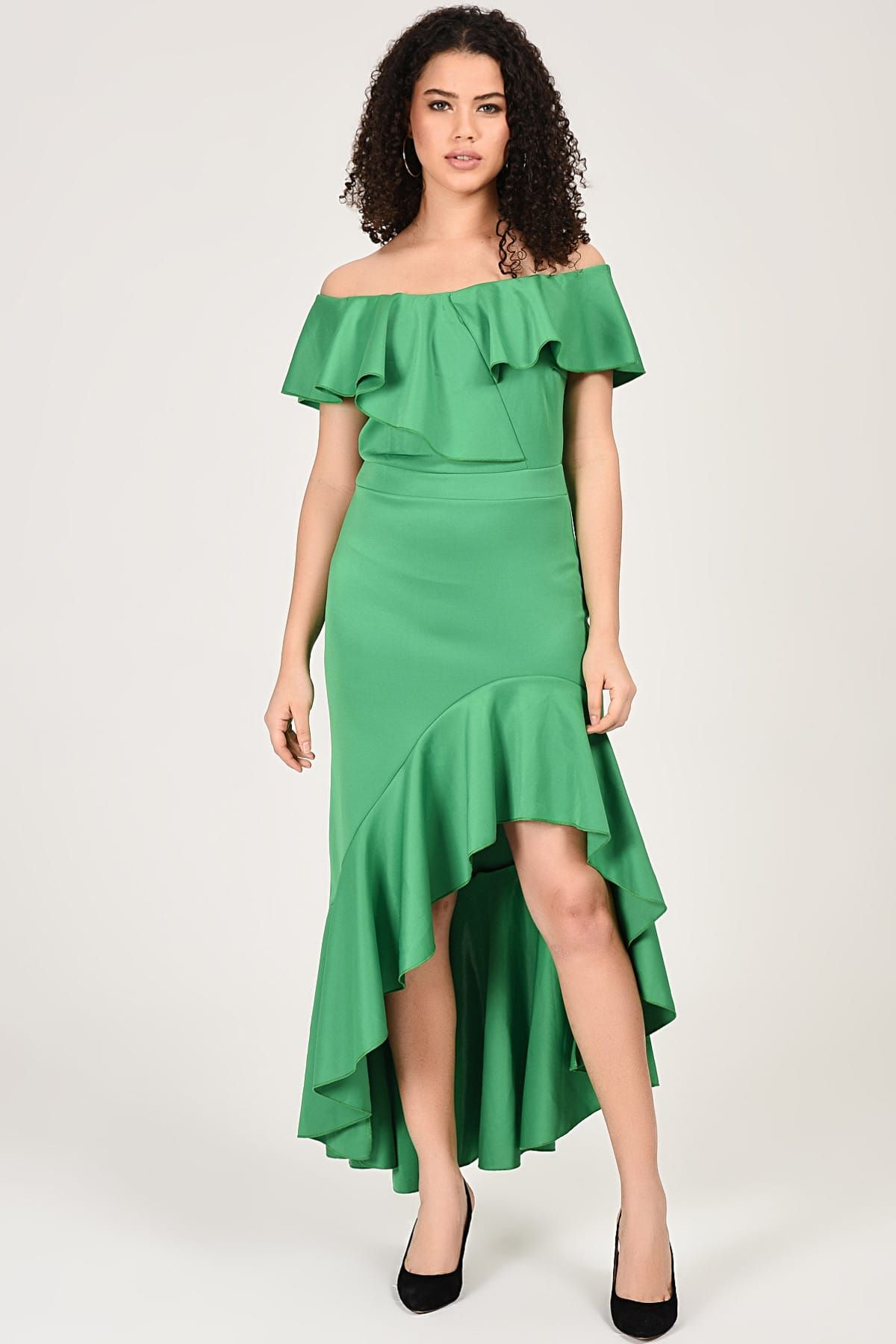Şans Tekstil Kadın Yeşil Karmen Elbise