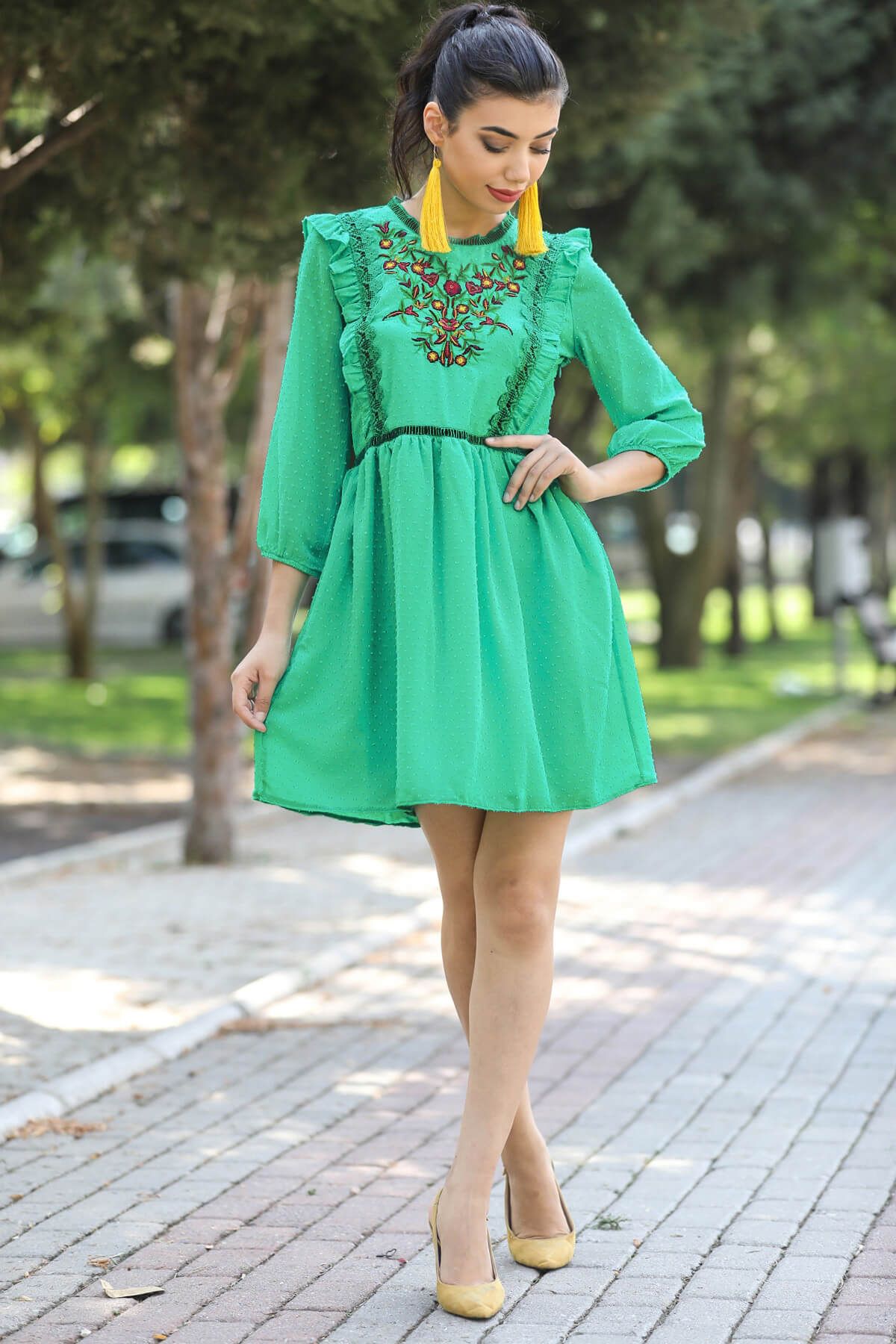 Nesrinden Kadın Nakış İşlemeli Yeşil Elbise ELB001100375