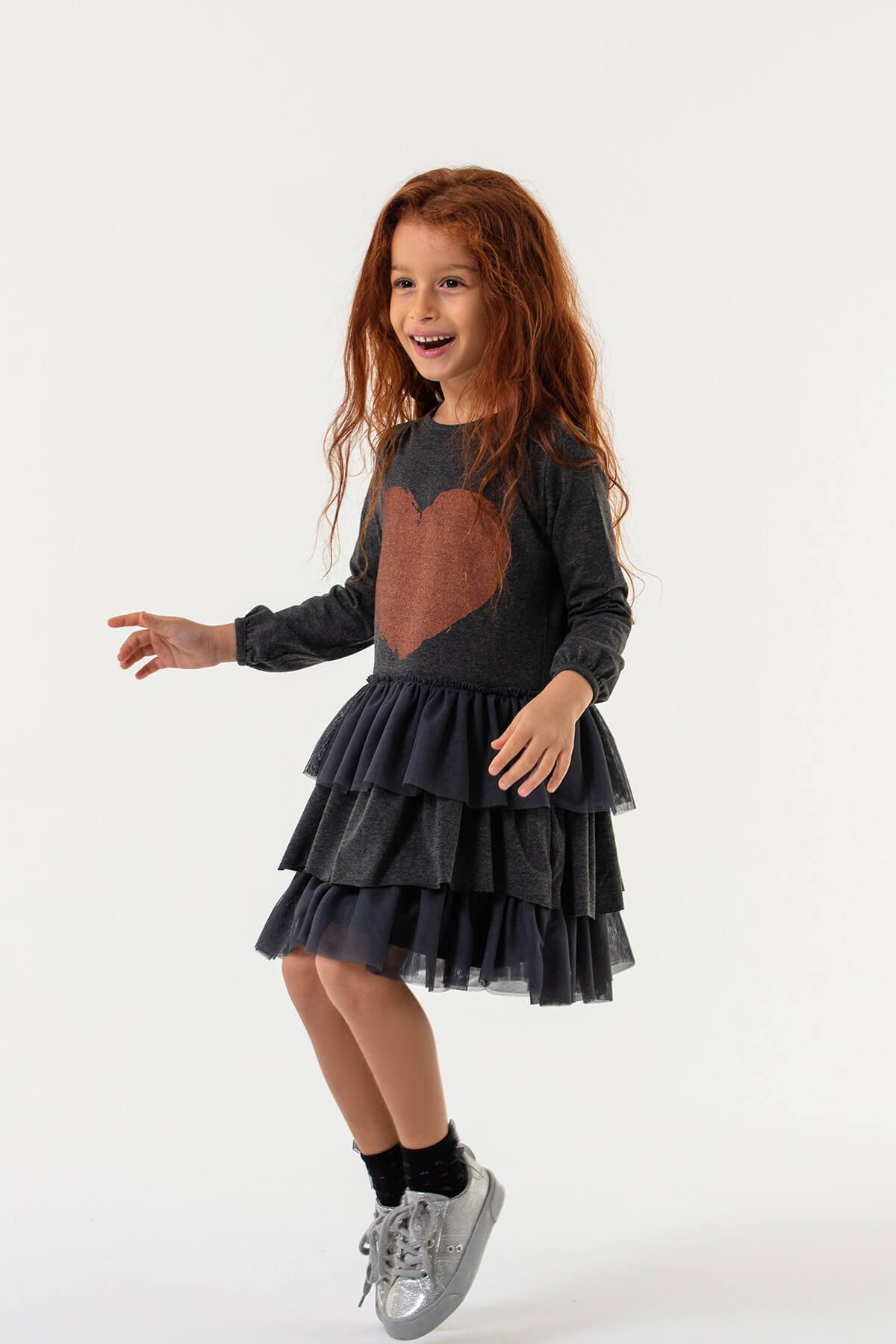 Colorinas Kalp Baskılı Uzun Kollu Kız Çocuk Tütü Elbise
