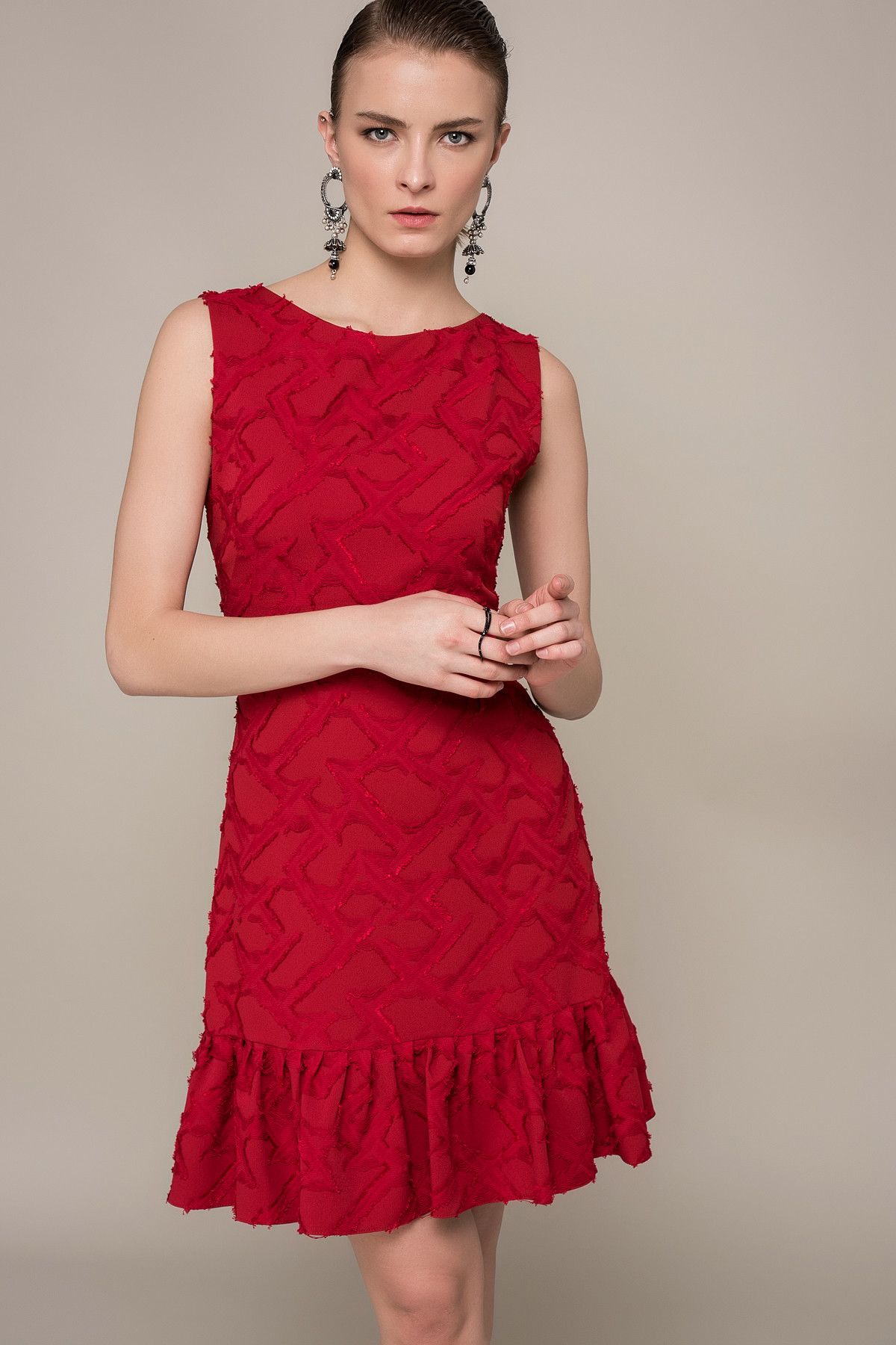 Y-London Kadın Kırmızı Etek Volanlı Elbise EX-52734