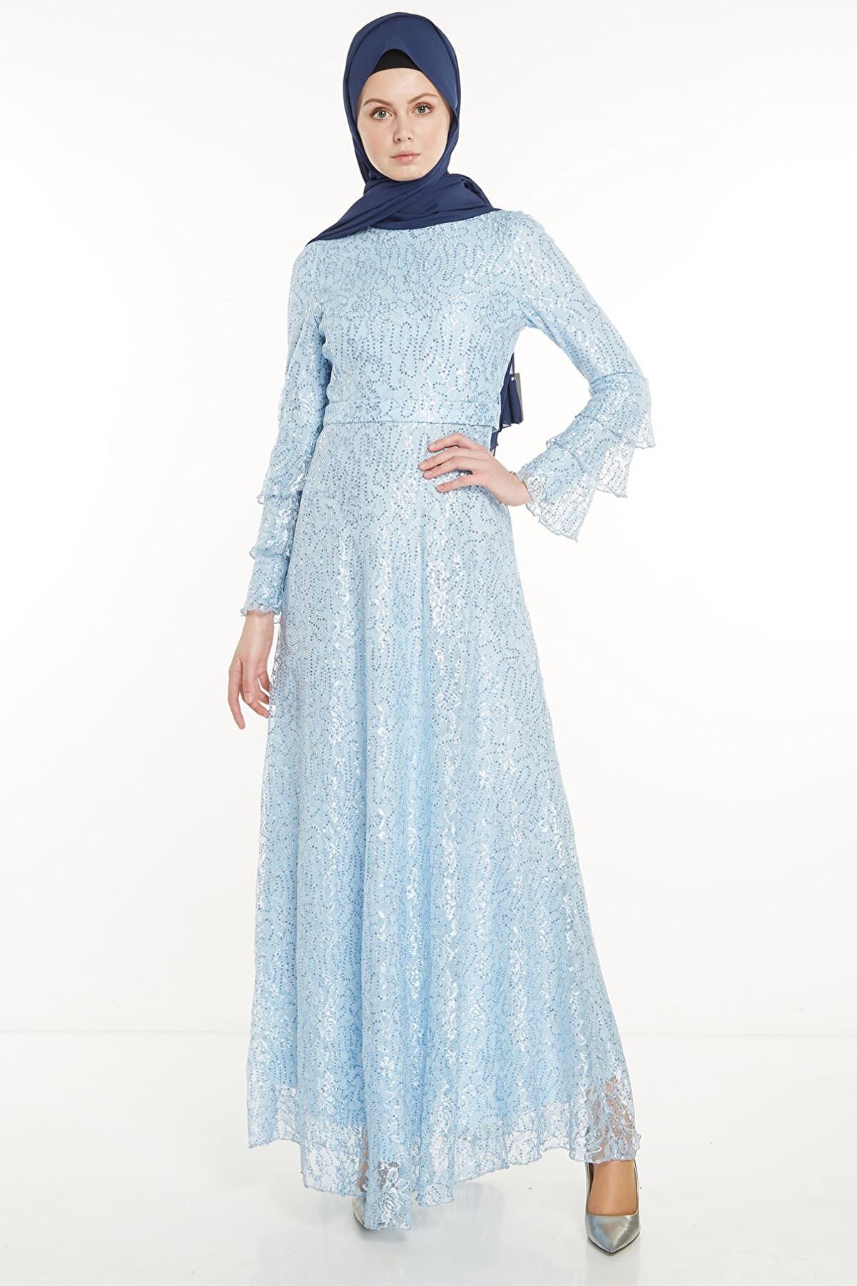 Nihan Kadın A.Mavi Kemerli Dantel Kumaş Abiye Elbise X5208