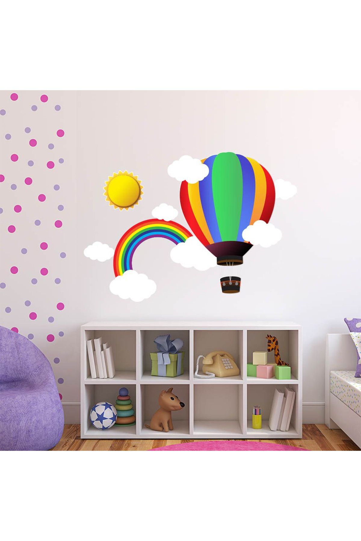 Tilki Dünyası Uçan Balon Gökkuşağı Güneş Bulutlar Çocuk Odası Duvar Sticker
