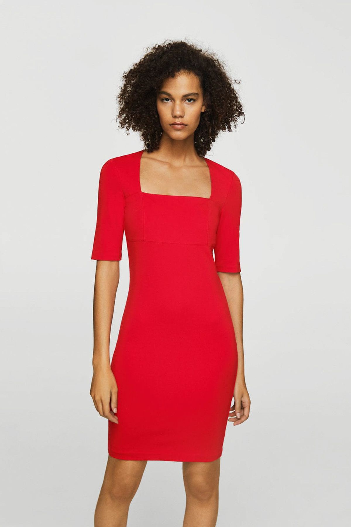MANGO Kadın Kırmızı Kare Yakalı Elbise 21033031