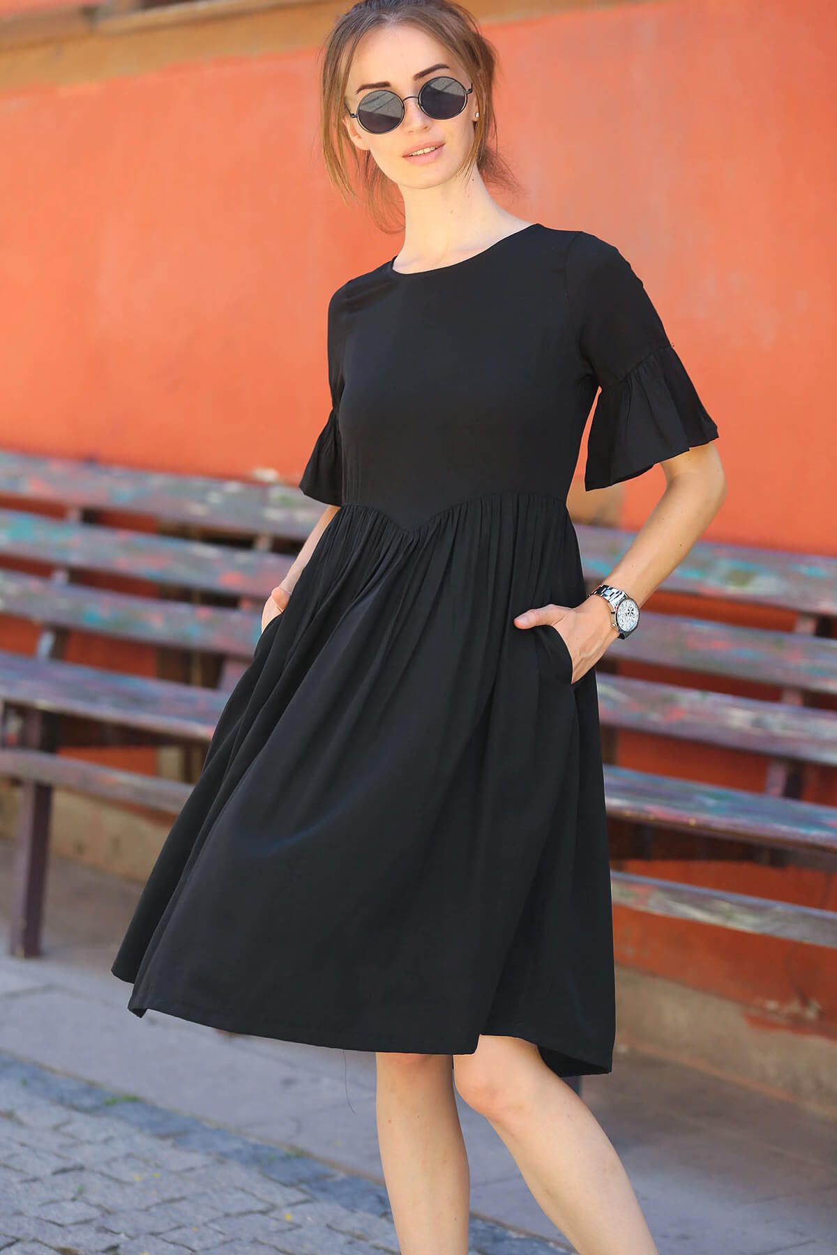 armonika Kadın Siyah Kolu Volanlı Elbise ARM-18Y001144