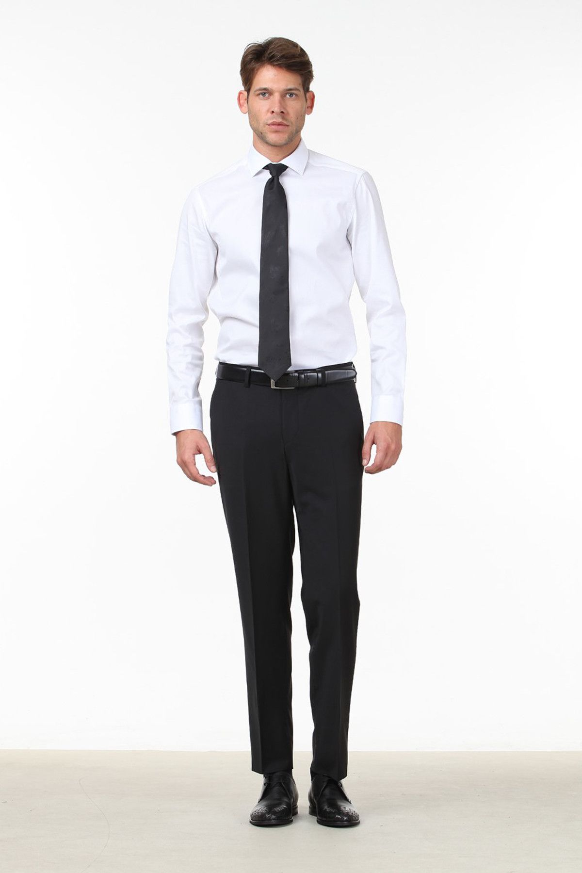 Kip Siyah Düz Dokuma Slim Fit Klasik Yün Karışımlı Pantolon