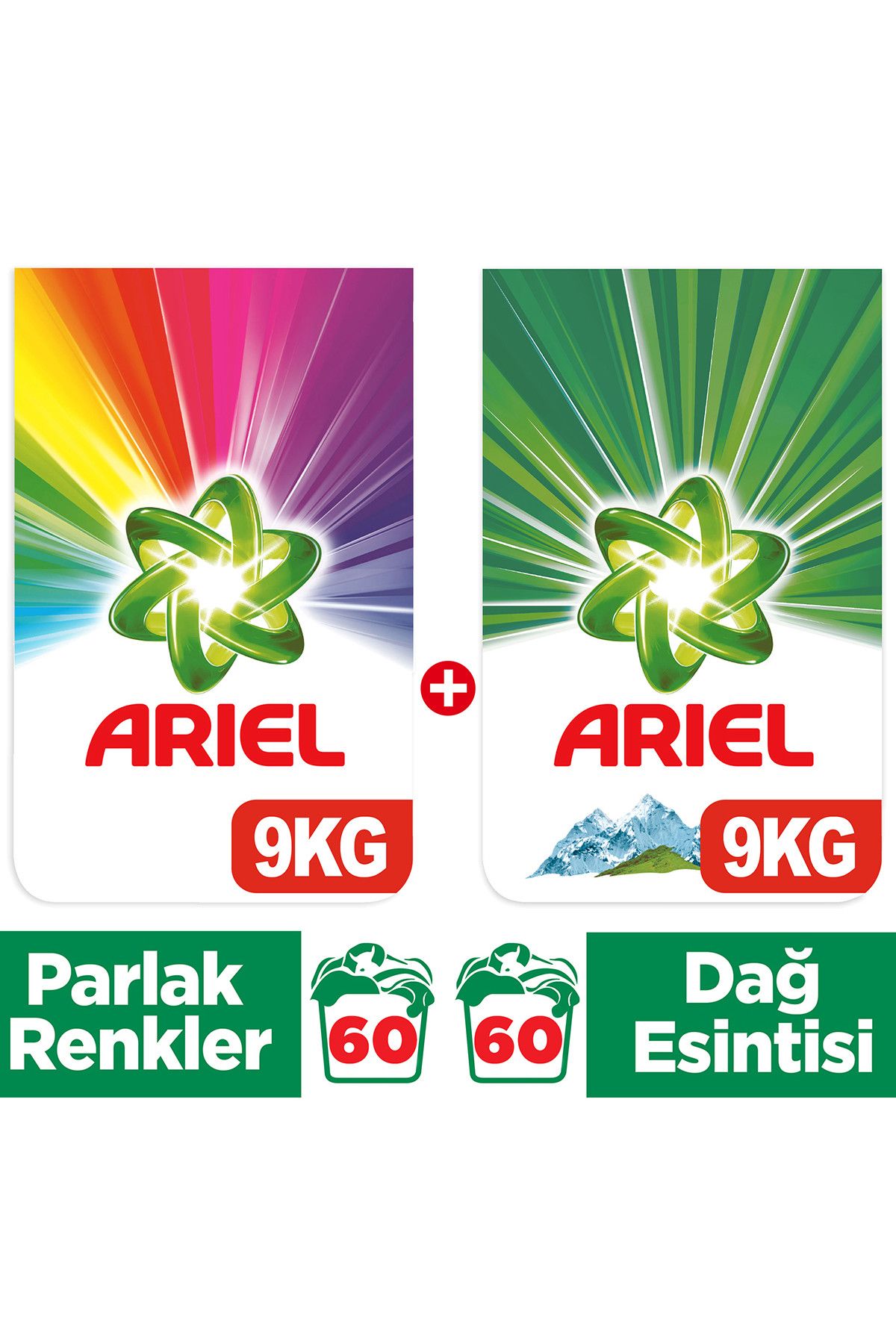 Ariel Toz Çamaşır Deterjanı 9kg Dağ Esintisi + 9 kg Parlak Renkler (18 kg)