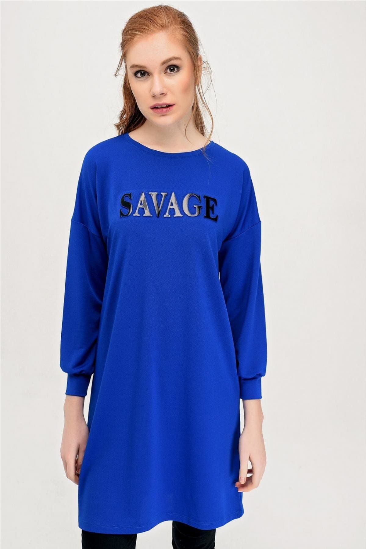 Deppoist Kadın Saks Mavi Savage Kabartma Baskılı Tunik TEG-1594