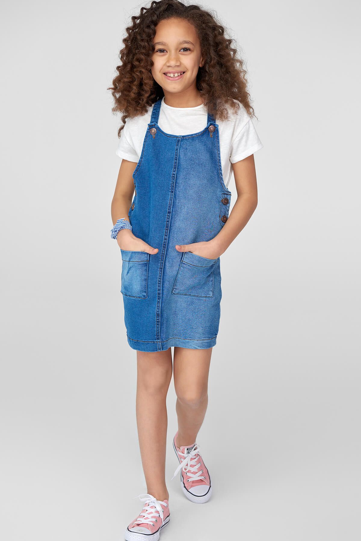 TRENDYOLKIDS Mavi Askılı Kız Çocuk Denim Salopet Elbise TKDSS18LH0081