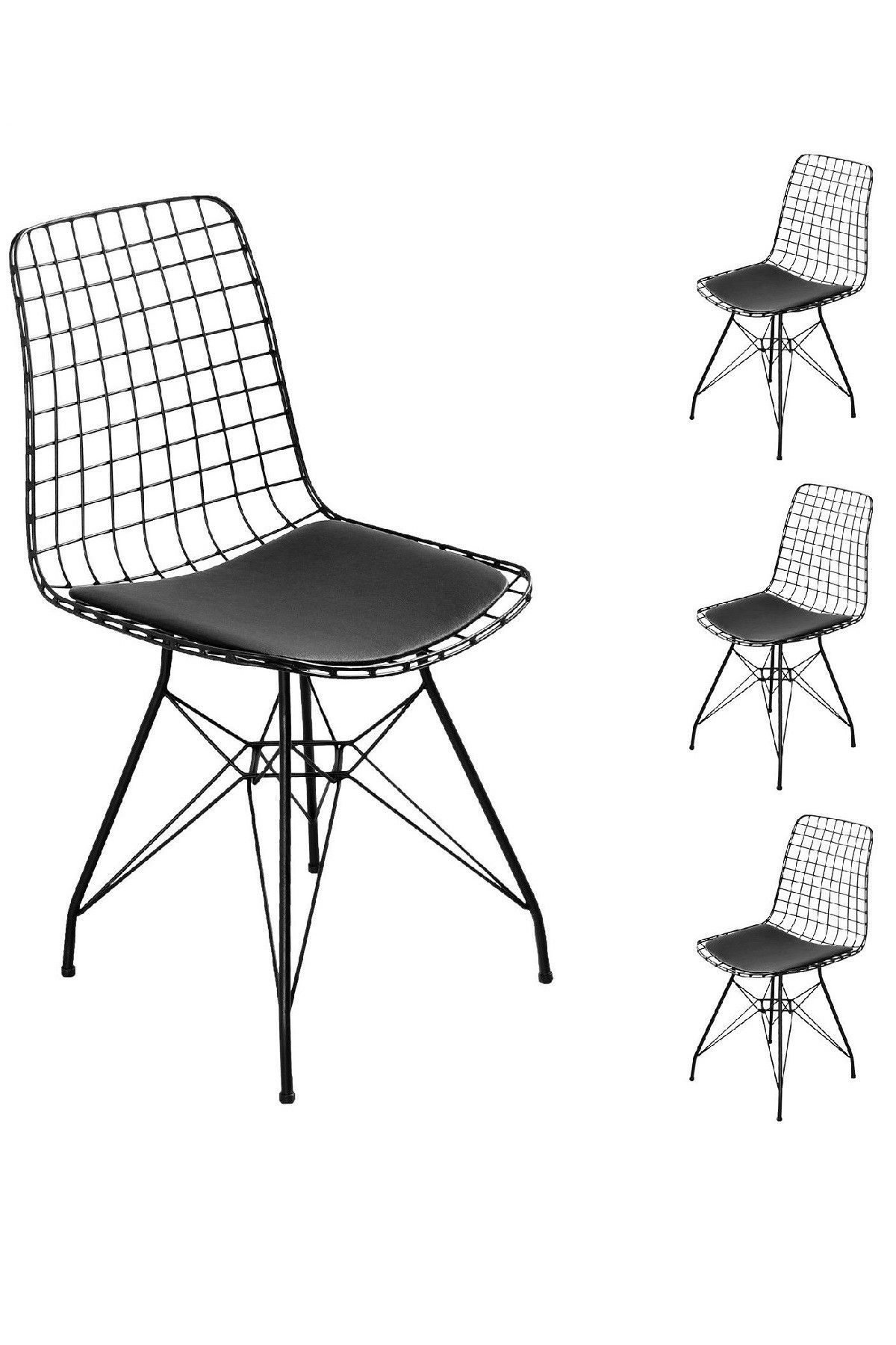 Evform 4'lü Tel Sandalye Mutfak Bahçe Ofis Sandalyesi Siyah