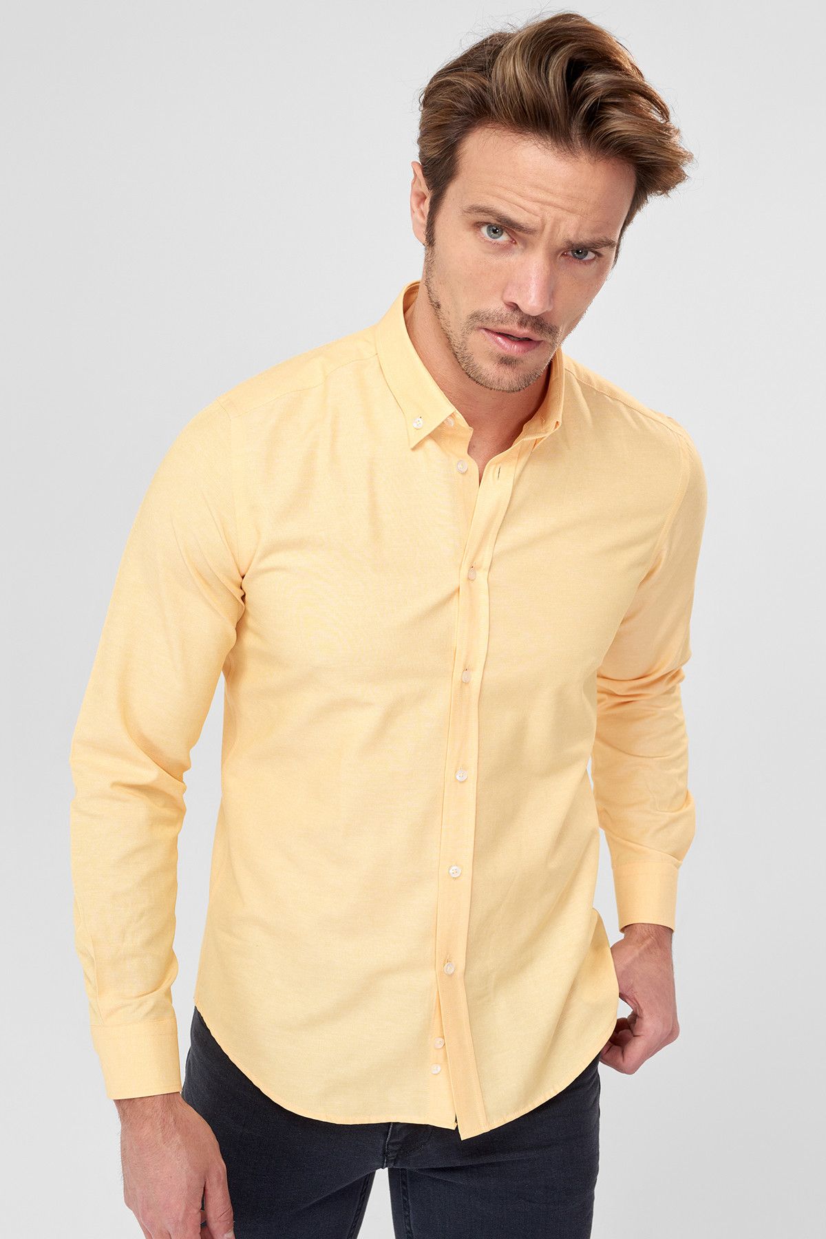 TWN Sarı Erkek Gömlek - Smart-Casual Slim Fit