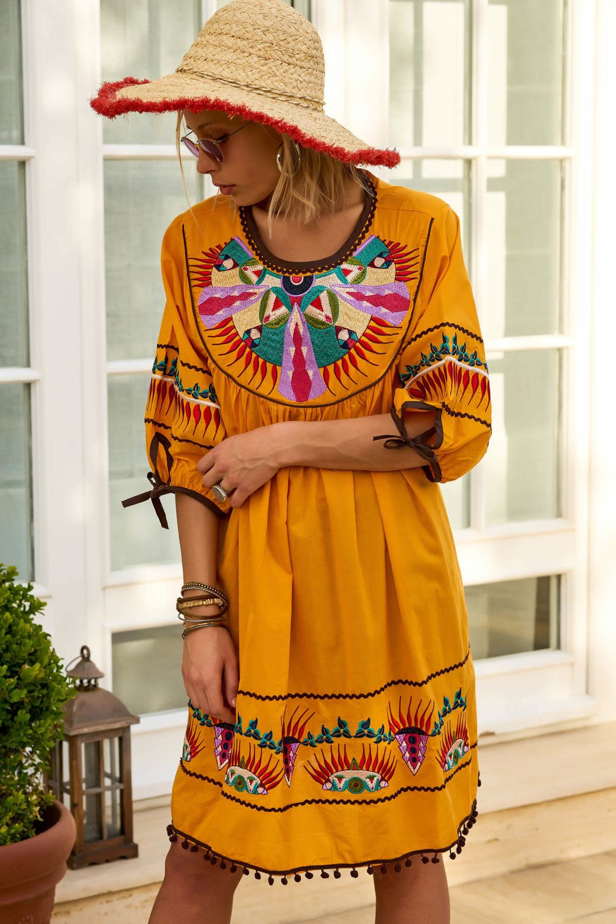 Y-London Kadın Oranj Etnik İşlemeli Bohem Elbise FLZ-T9689
