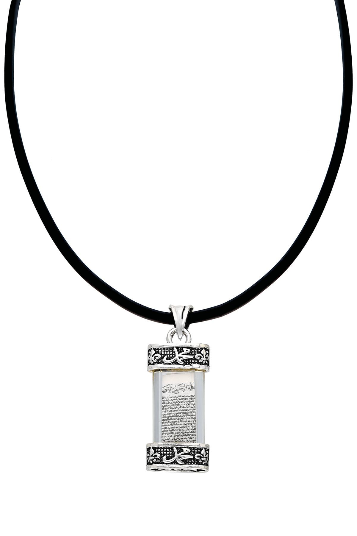 Silver Bazaar Camlı Ayet-El Kürsi Dualı Hz. Muhammed Peygamber Yazılı Gümüş Kolye