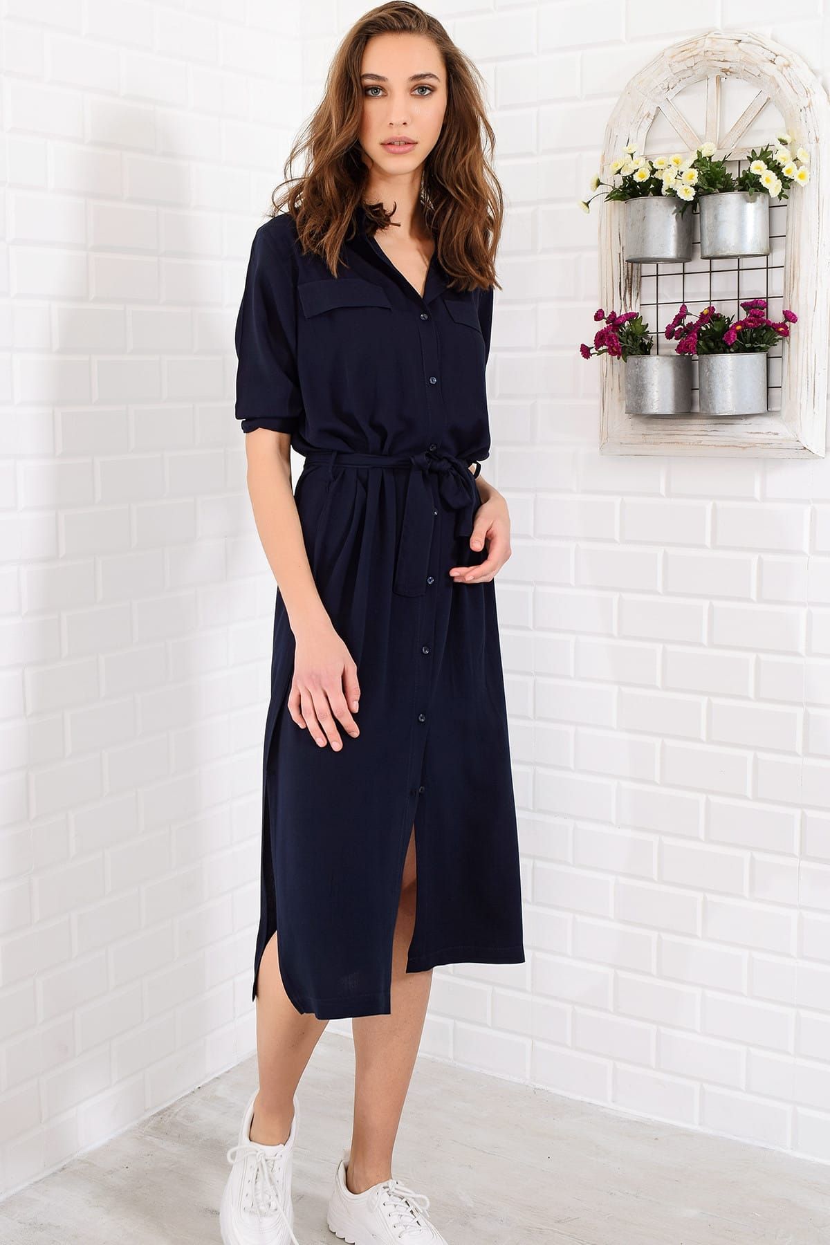 Trend Alaçatı Stili Kadın Lacivert Yırtmaçlı Gömlek Elbise ALC-017-039-Y